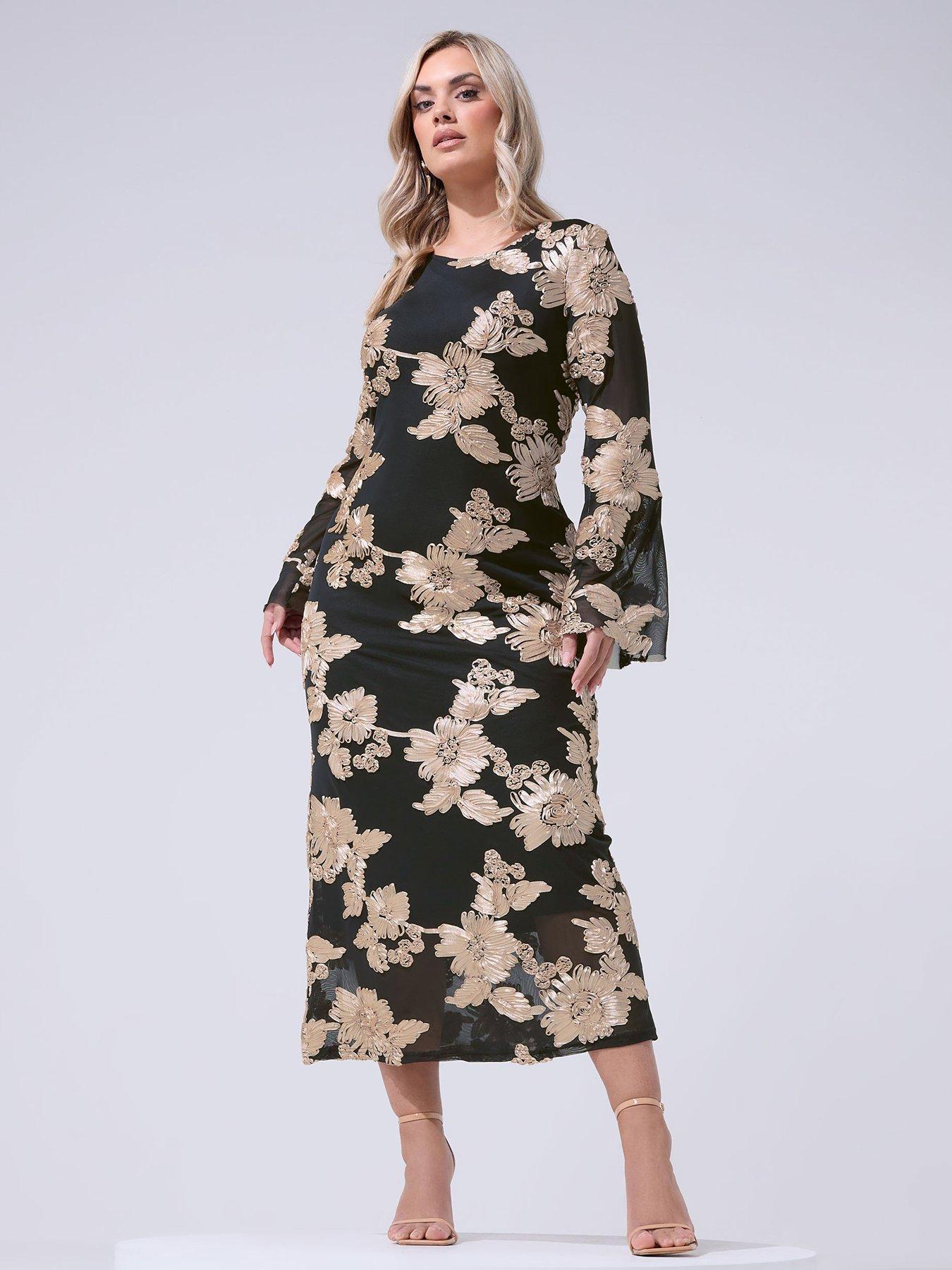 Image 3 of 5 of Yours Curve Mesh Applique Long Sleeve Maxi Dress - Black