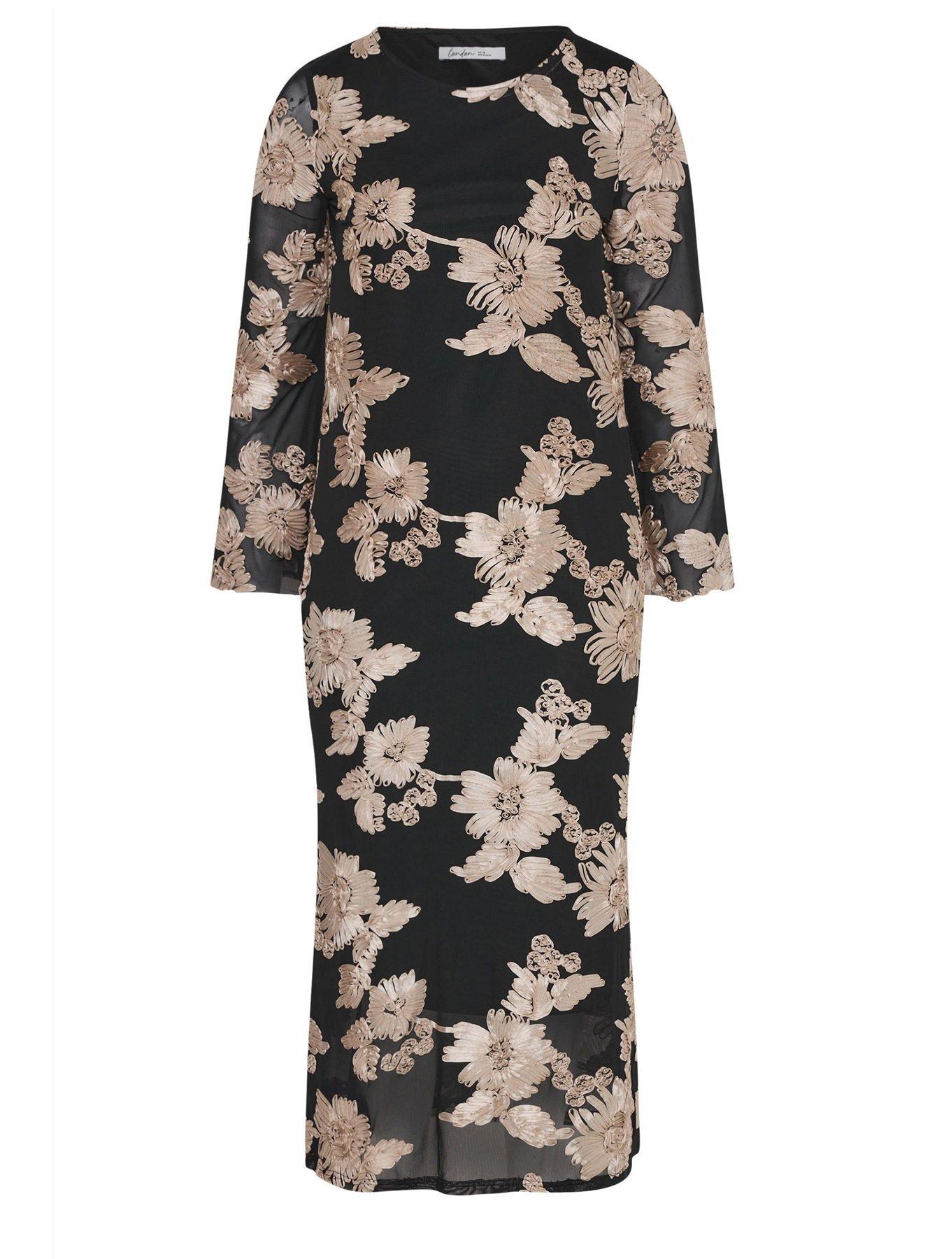 Image 5 of 5 of Yours Curve Mesh Applique Long Sleeve Maxi Dress - Black