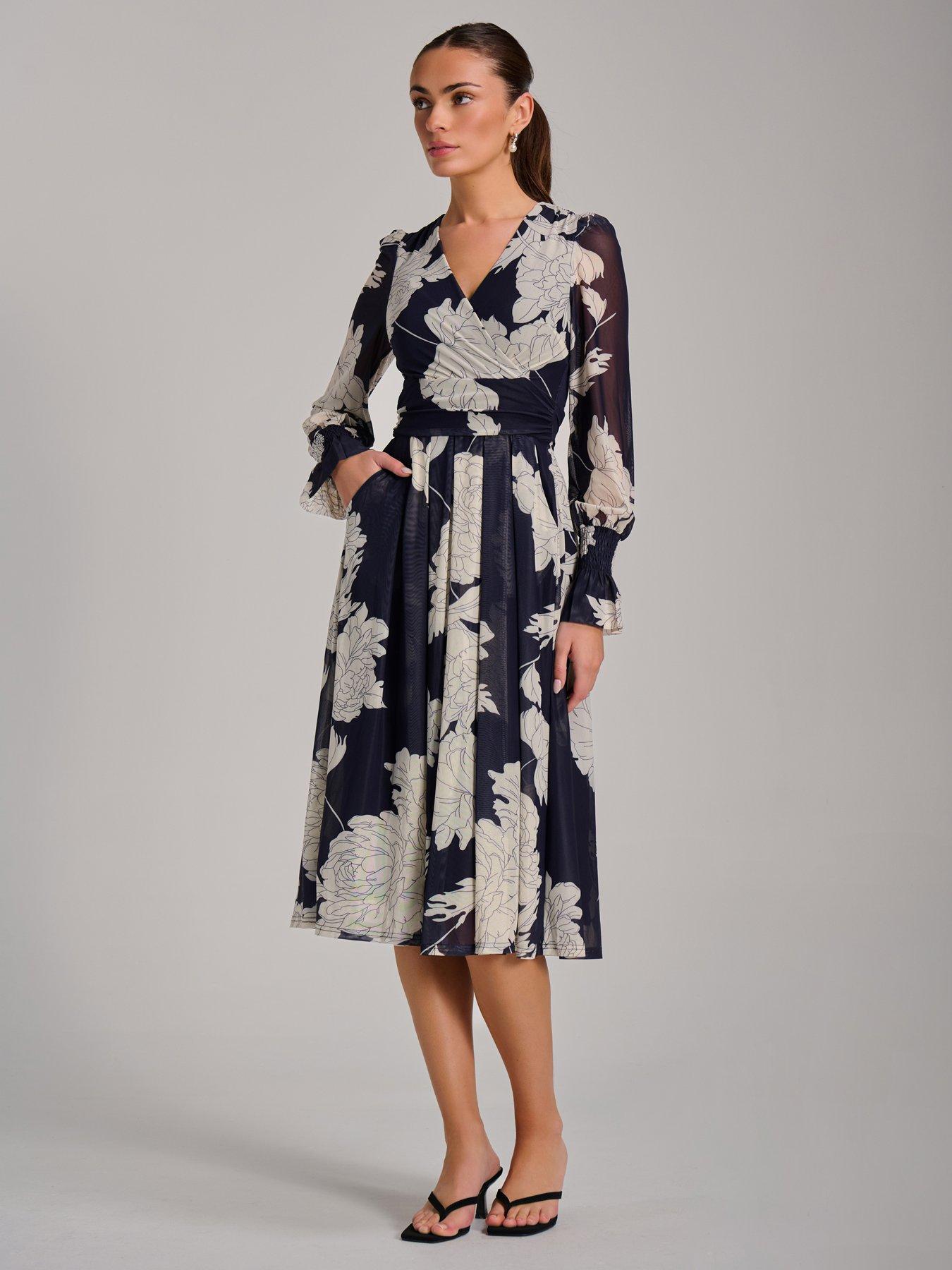 Jolie Moi Long Sleeve Printed Mesh Midi Dress - Navy