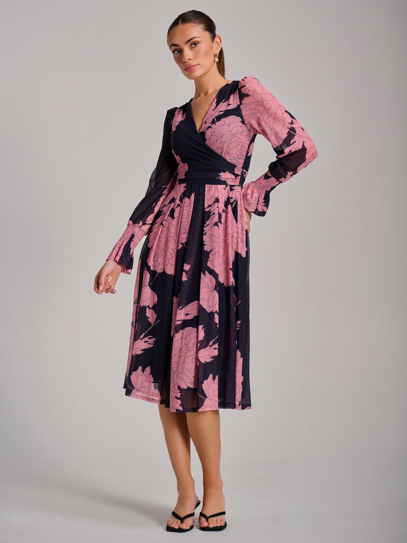 Jolie Moi Long Sleeve Printed Mesh Midi Dress - Pink