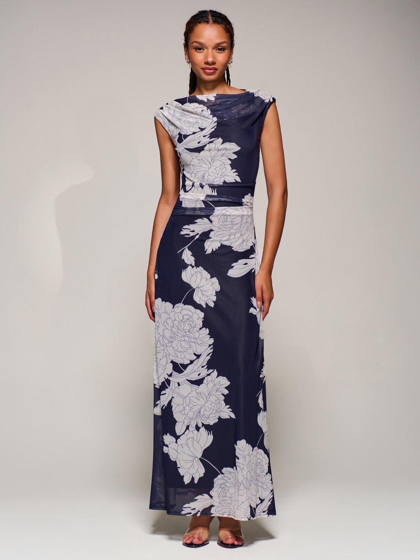 Image 6 of 7 of Jolie Moi Multiway Neckline Mesh Maxi Dress - Navy