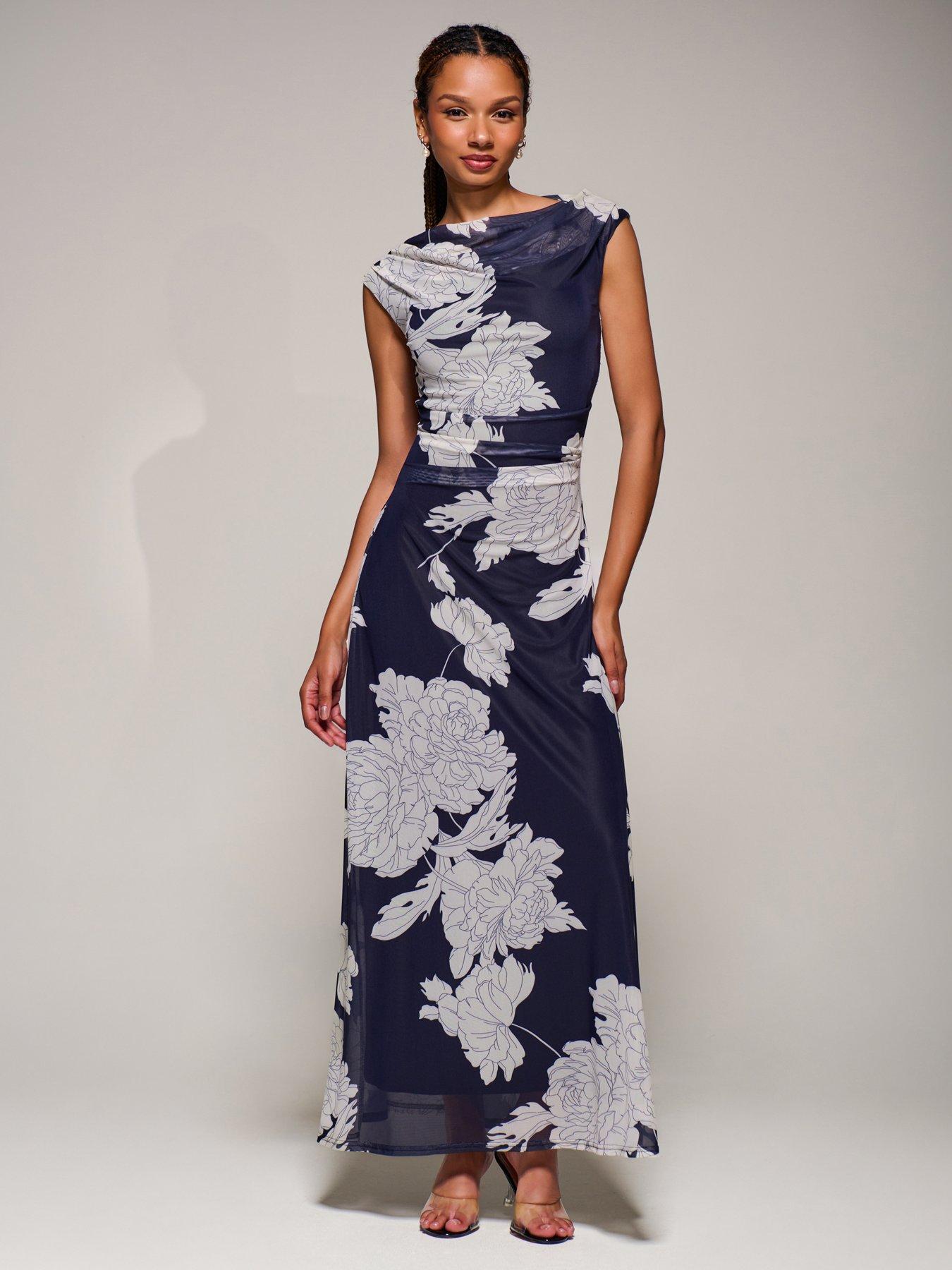 Image 7 of 7 of Jolie Moi Multiway Neckline Mesh Maxi Dress - Navy