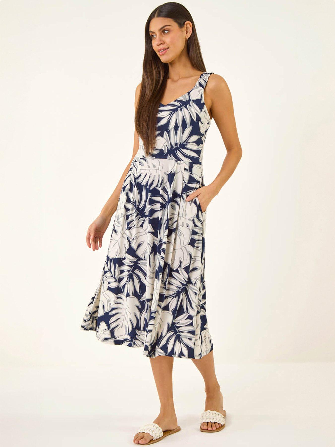 Roman Palm Leaf Print Midi Dress