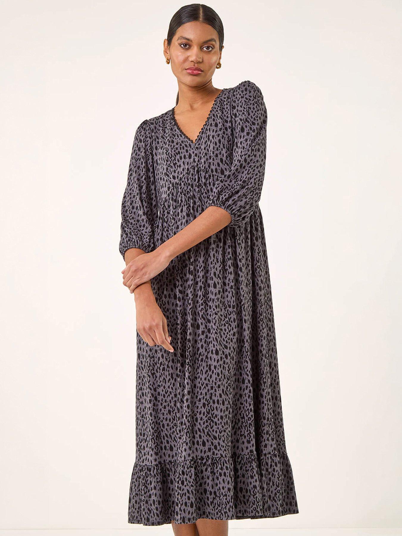 Image 1 of 5 of Roman Animal Print Lace Trim Stretch Dress