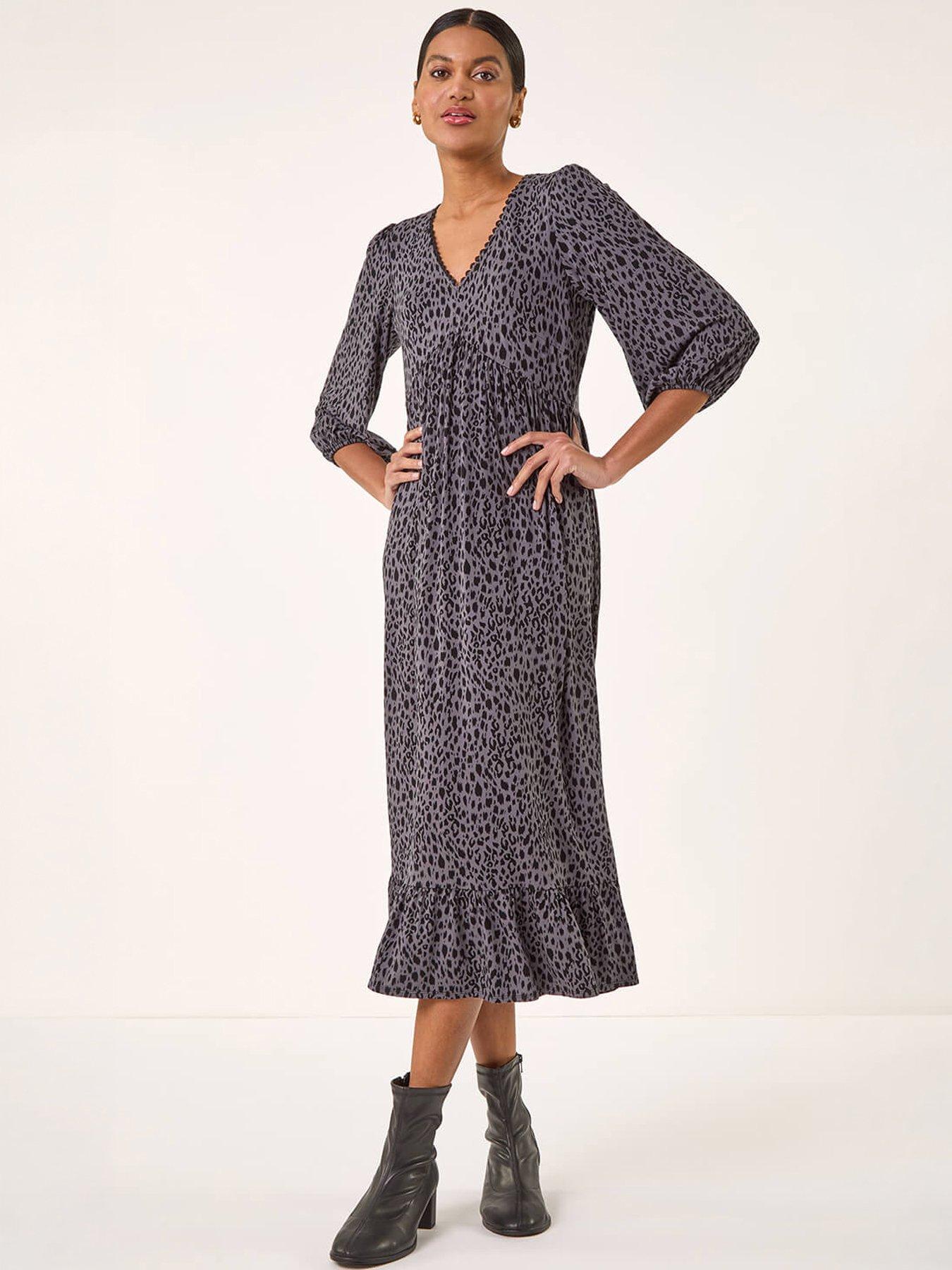 Image 3 of 5 of Roman Animal Print Lace Trim Stretch Dress