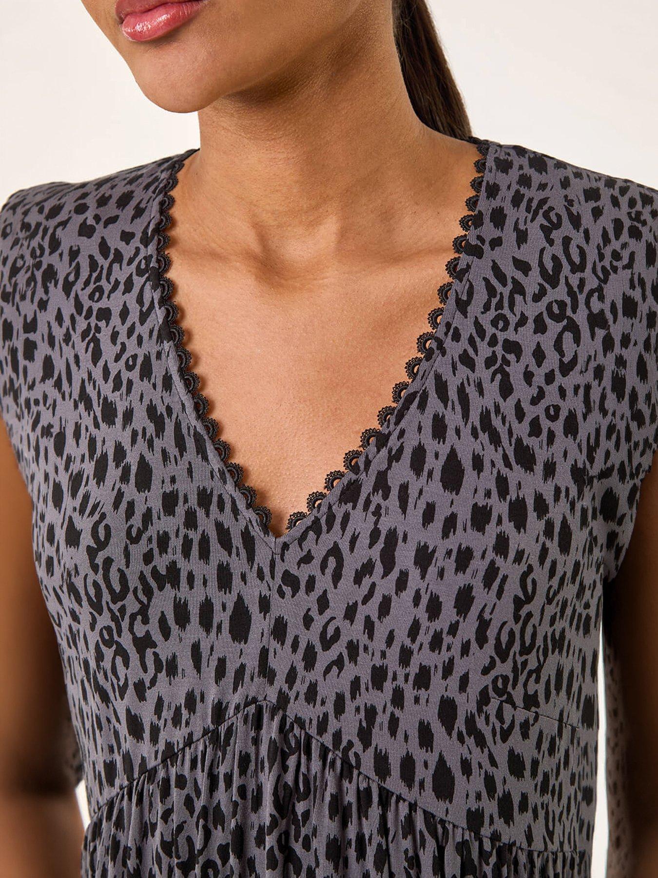 Image 5 of 5 of Roman Animal Print Lace Trim Stretch Dress