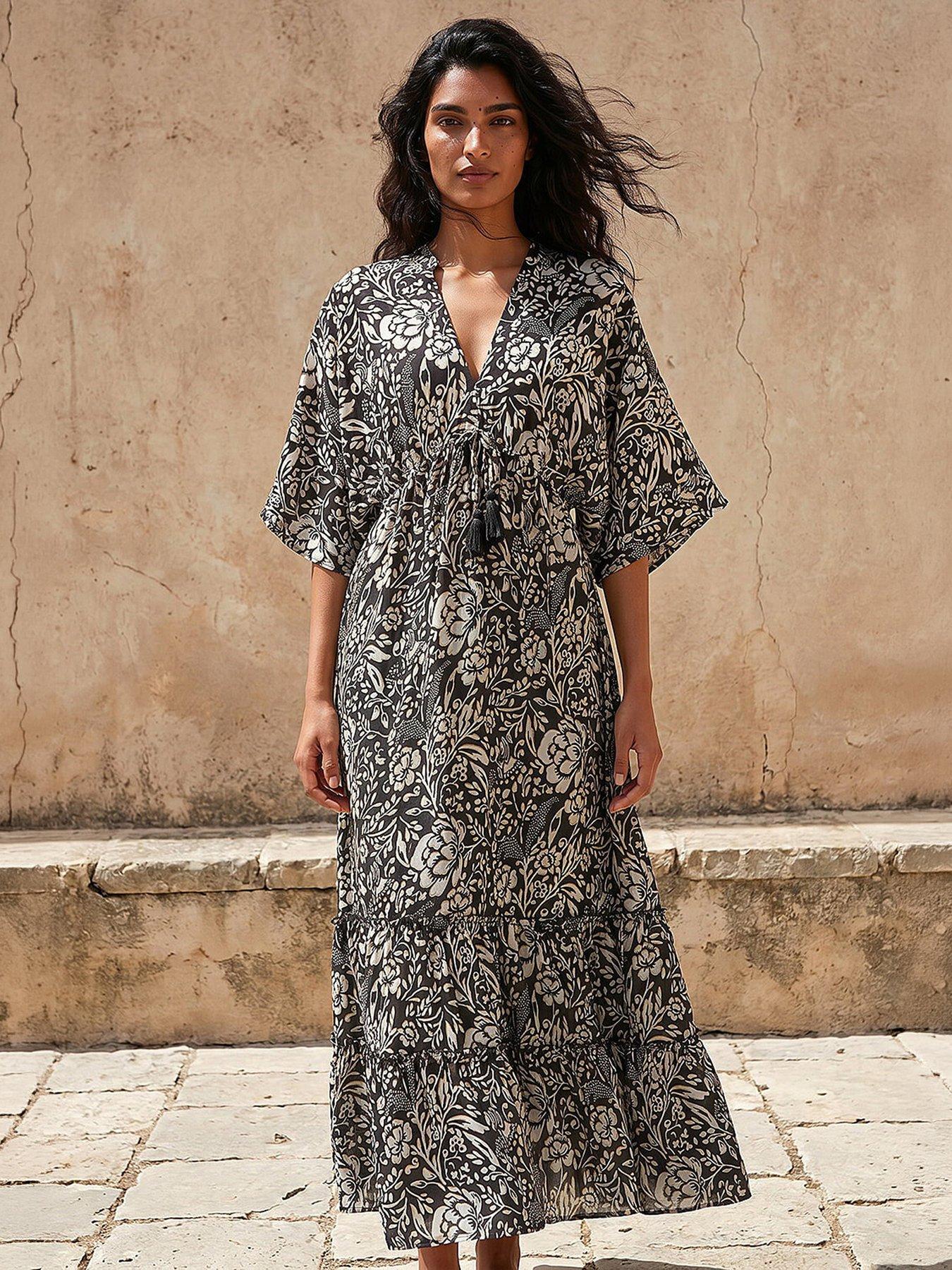 Roman Boho Floral Print V-Neck Maxi Dress