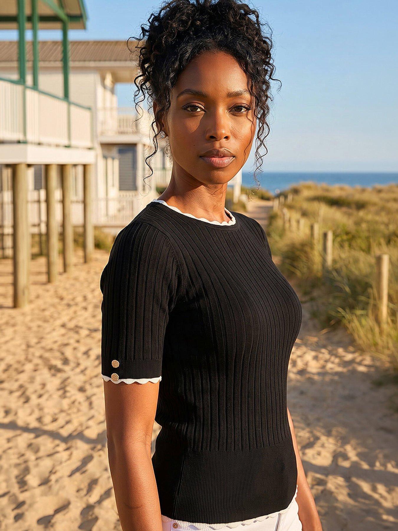 Roman Button Detail Ribbed Knit Top