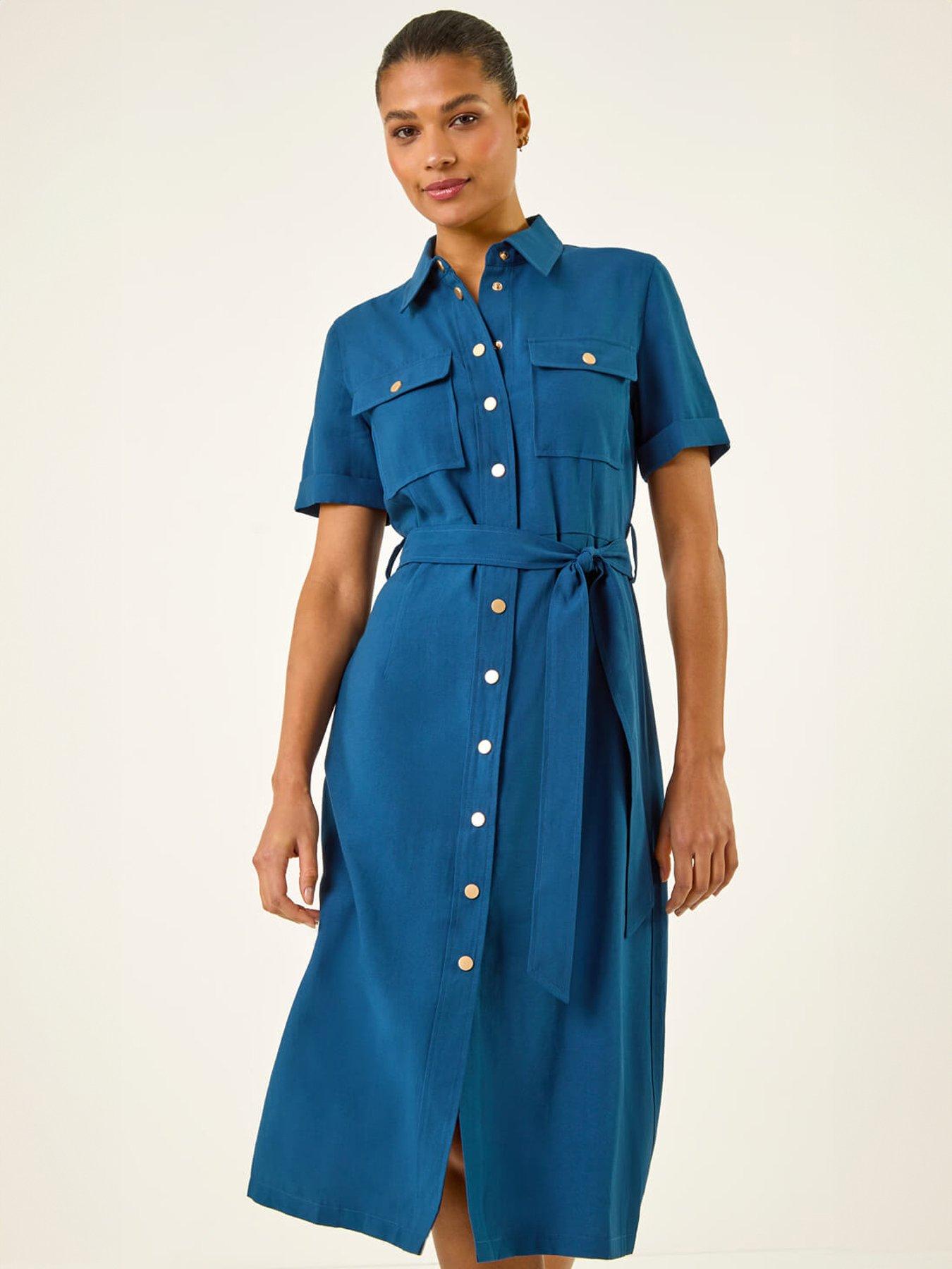 Image 3 of 5 of Roman Button Belted Collared Shirt Dress