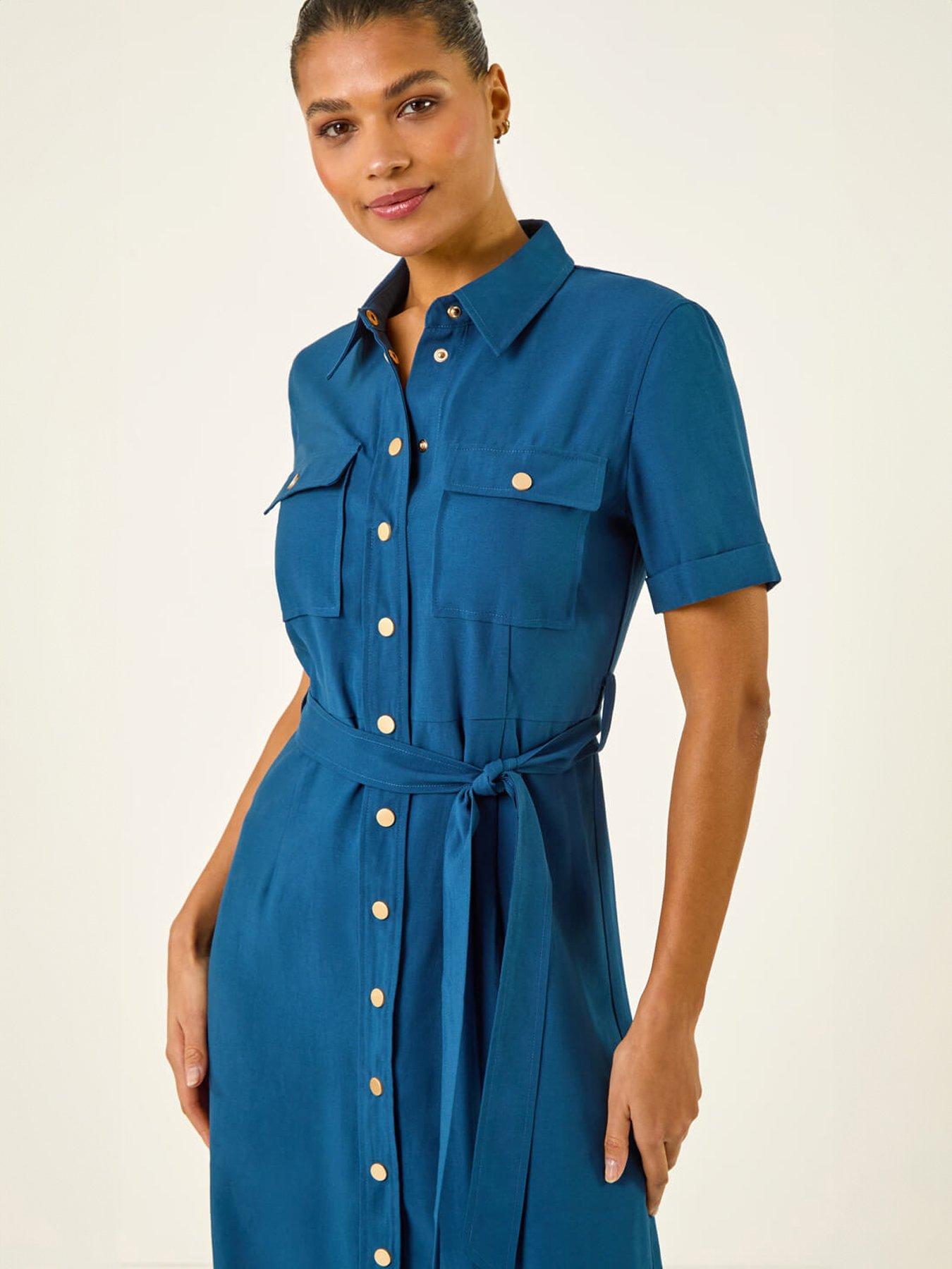 Image 4 of 5 of Roman Button Belted Collared Shirt Dress