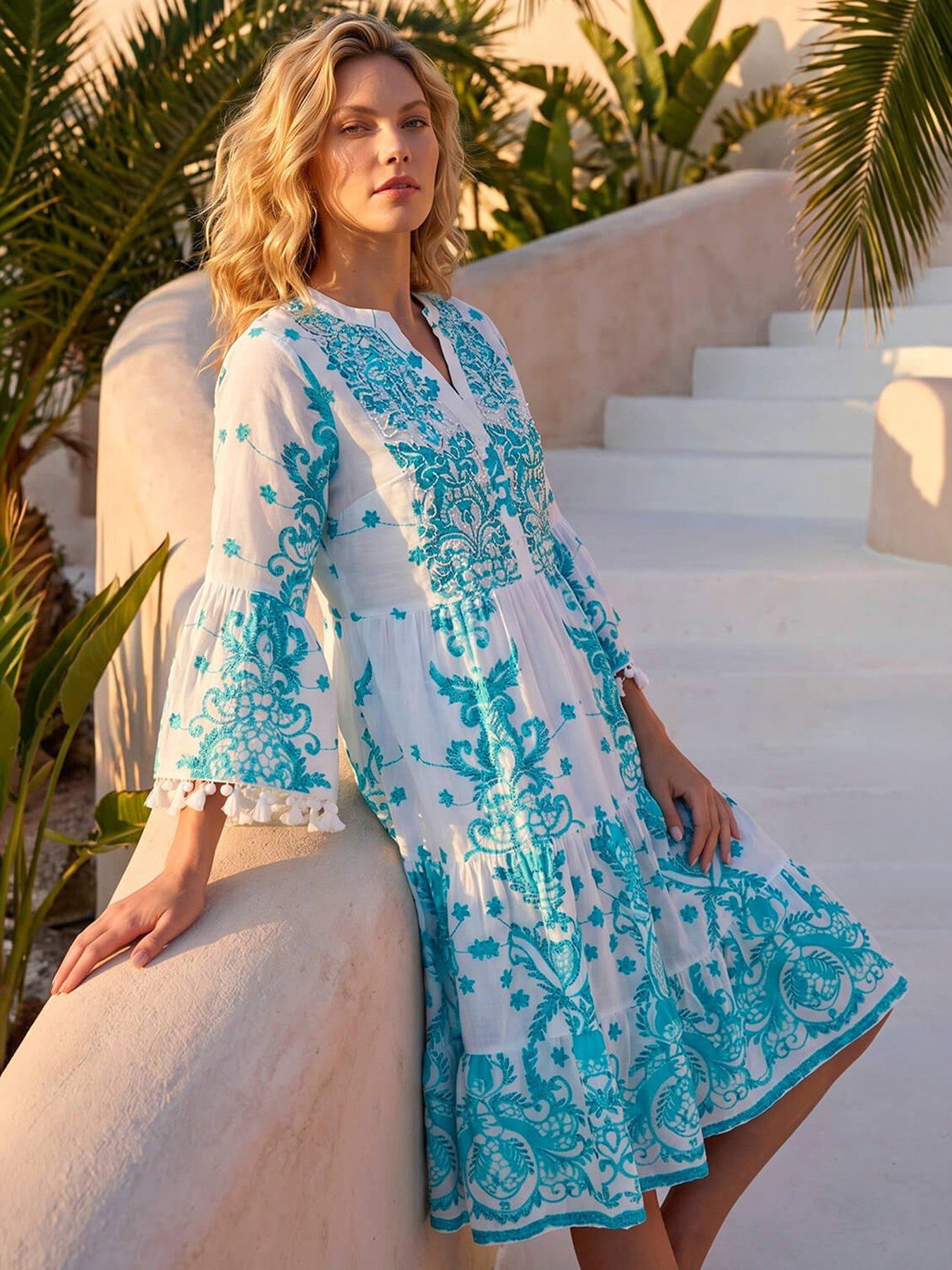 Roman Beaded Tassel Trim Smock Dress