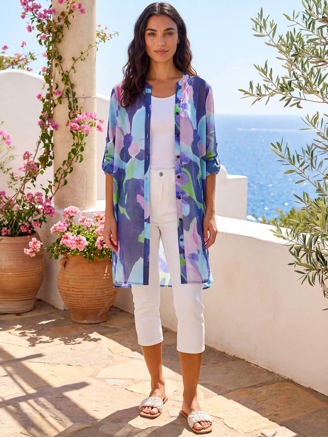 Image 1 of 5 of Roman Abstract Print Button Longline Blouse