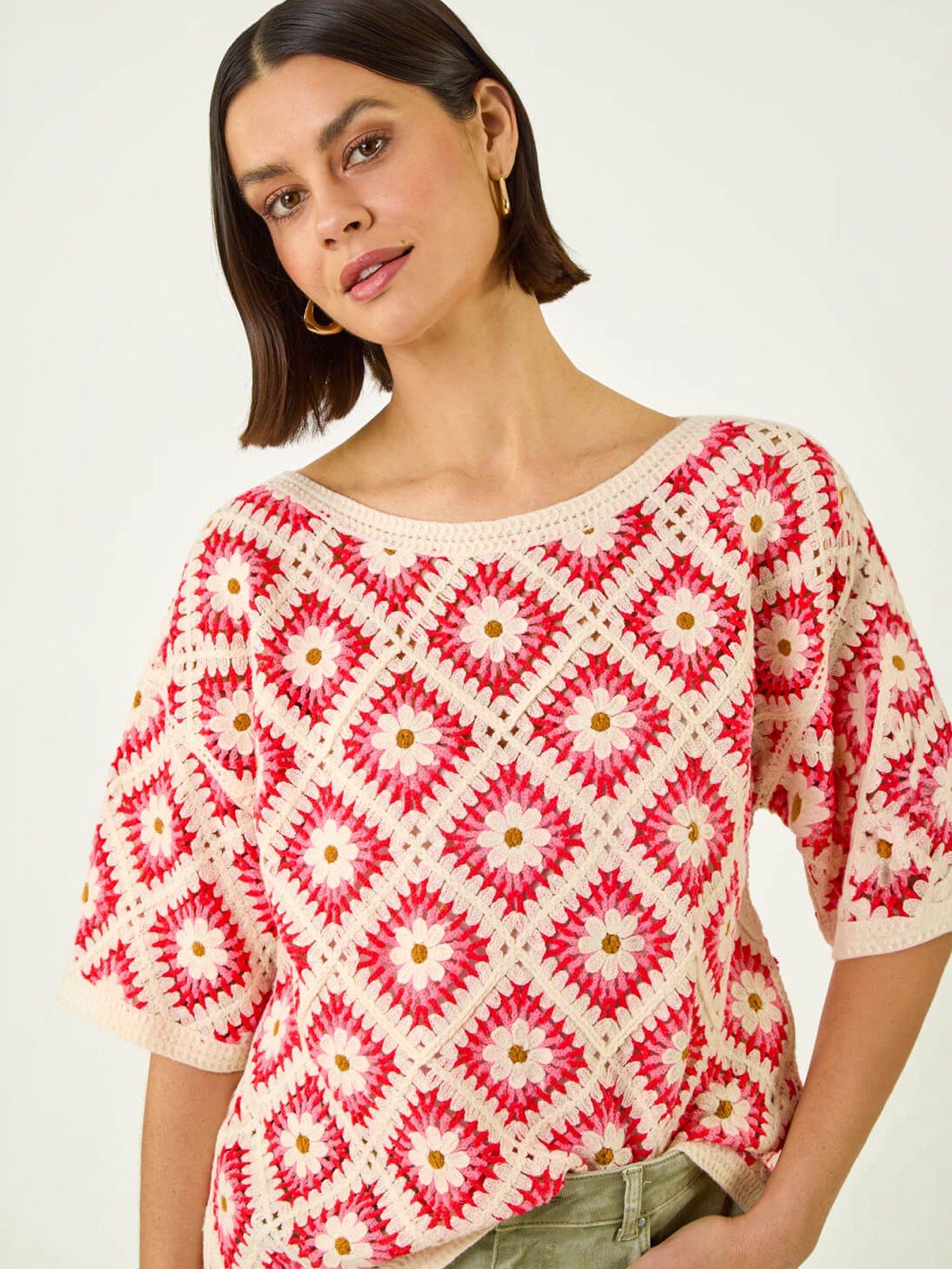 Image 3 of 5 of Roman Floral Crochet Knit Top