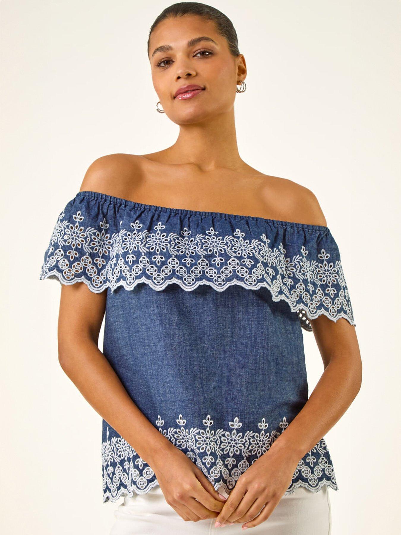 Image 1 of 5 of Roman Embroidery Detail Bardot Top