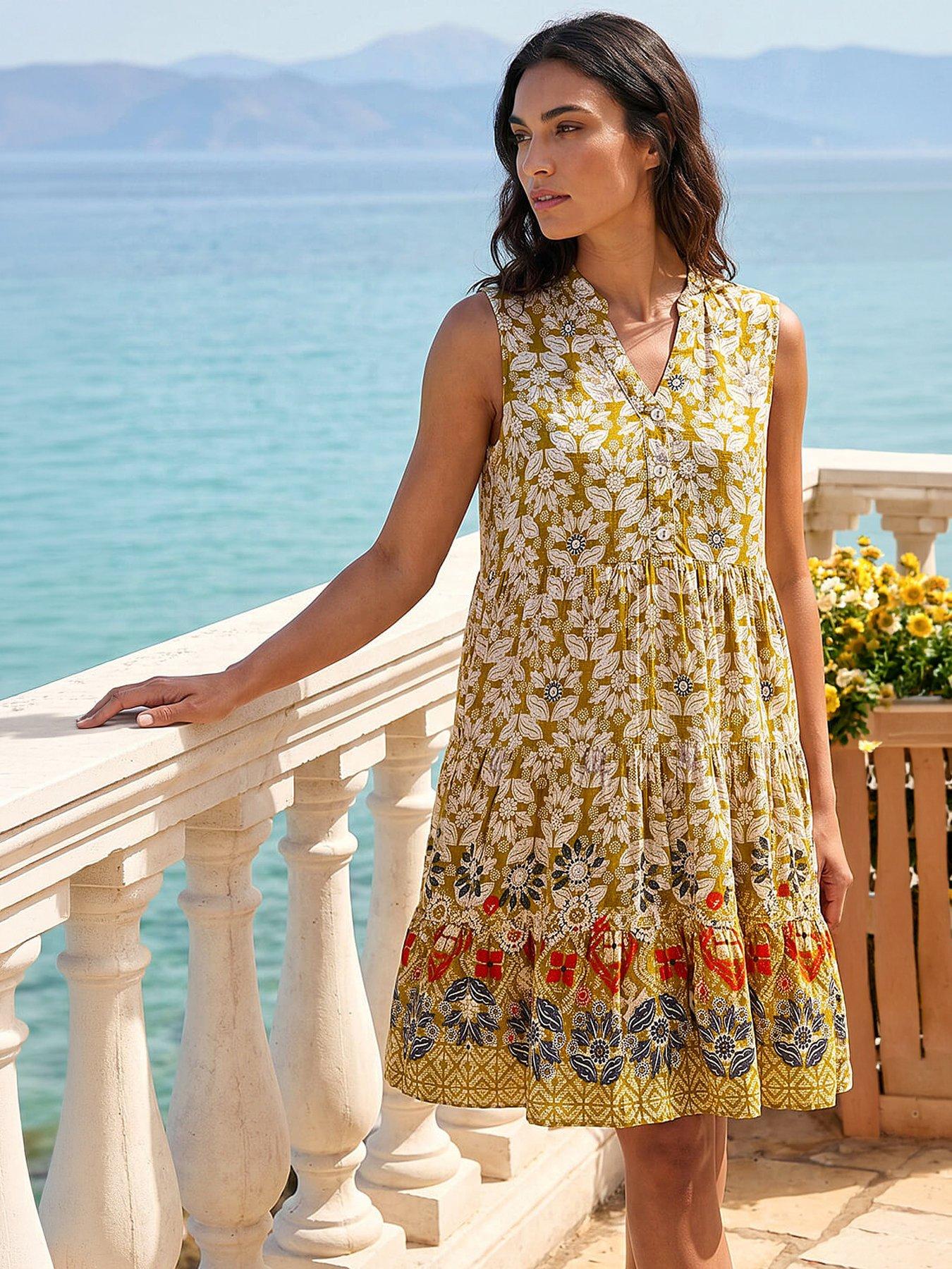 Image 1 of 5 of Roman Leaf Print Button Smock Dress