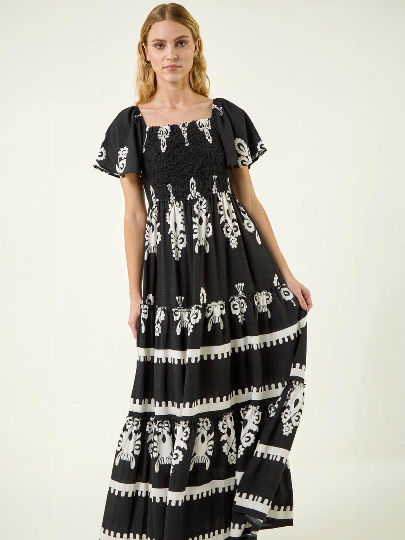 roman-border-print-shirred-midi-dressoutfit