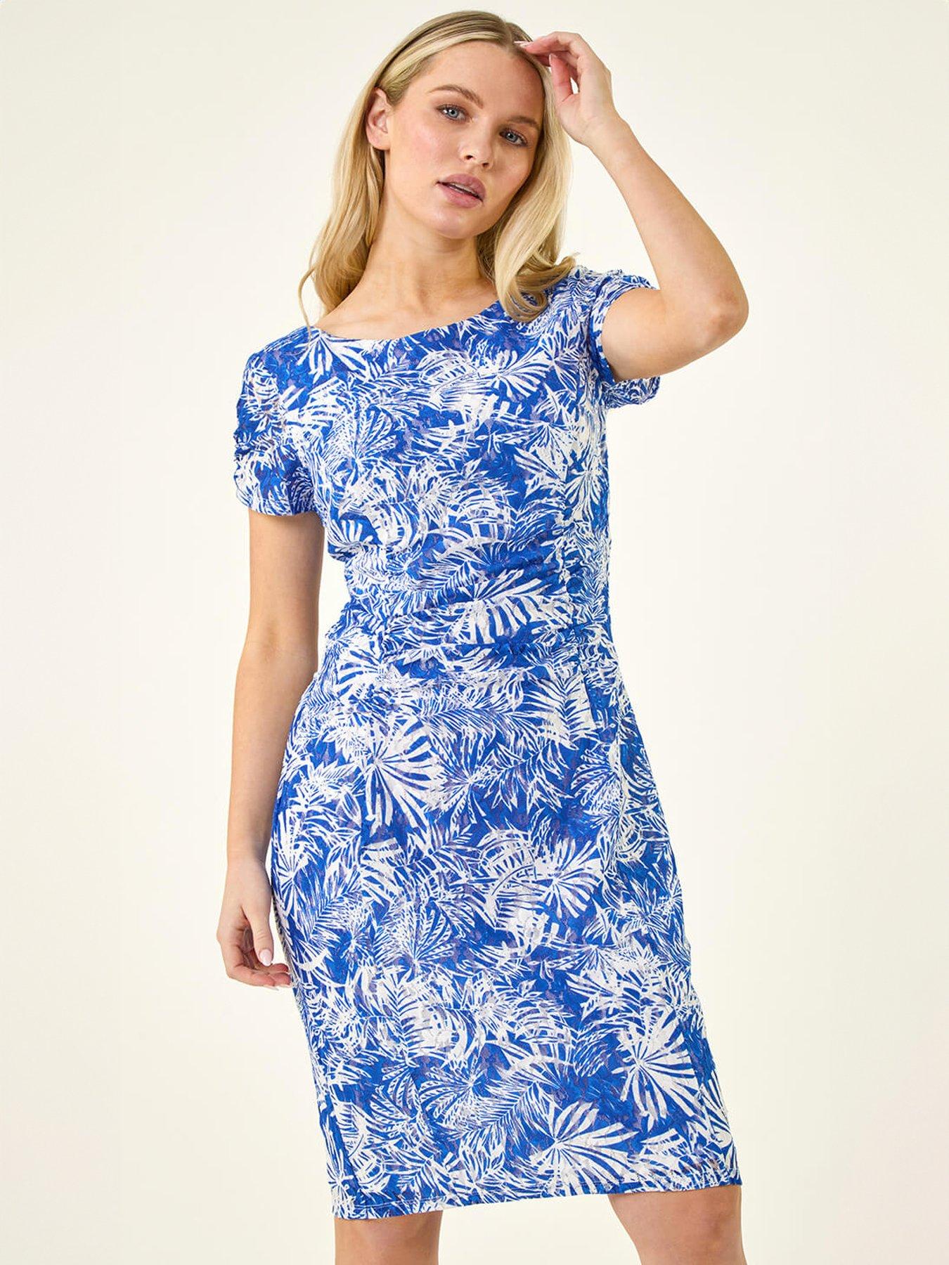 Image 3 of 5 of Roman Petite Lace Print Gathered Stretch Dress