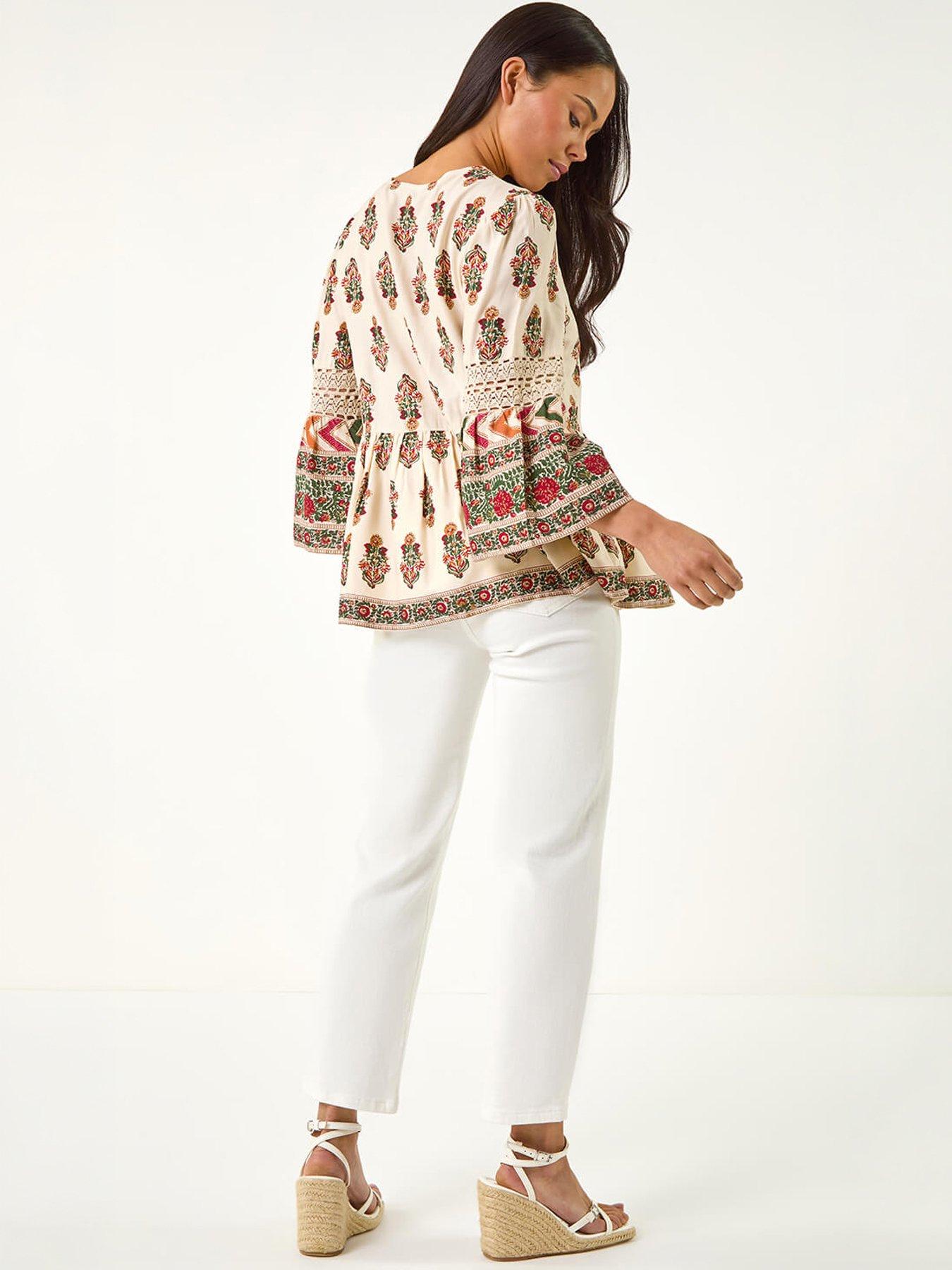 roman-petite-print-v-neck-lace-topoutfit