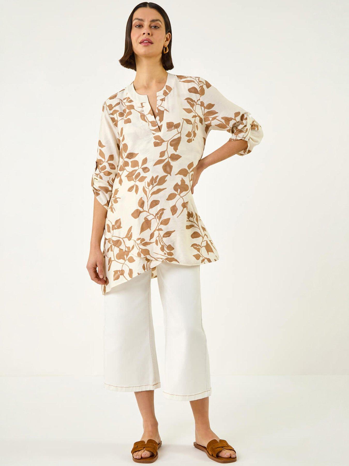 Image 1 of 5 of Roman Leaf Print Wrap Hem Tunic Top