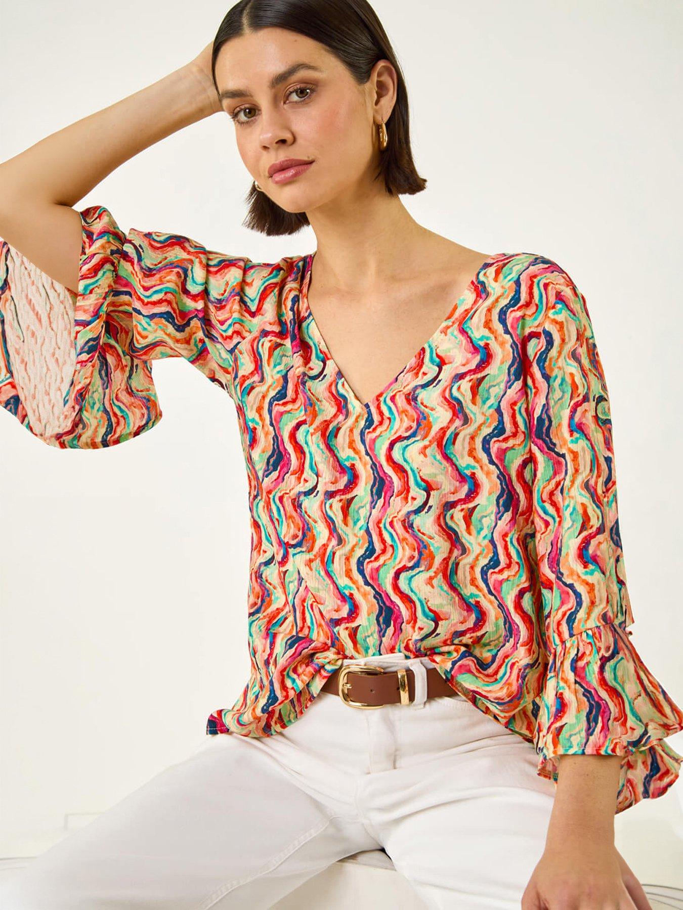 Roman Abstract Wave Print Flared Sleeve Top