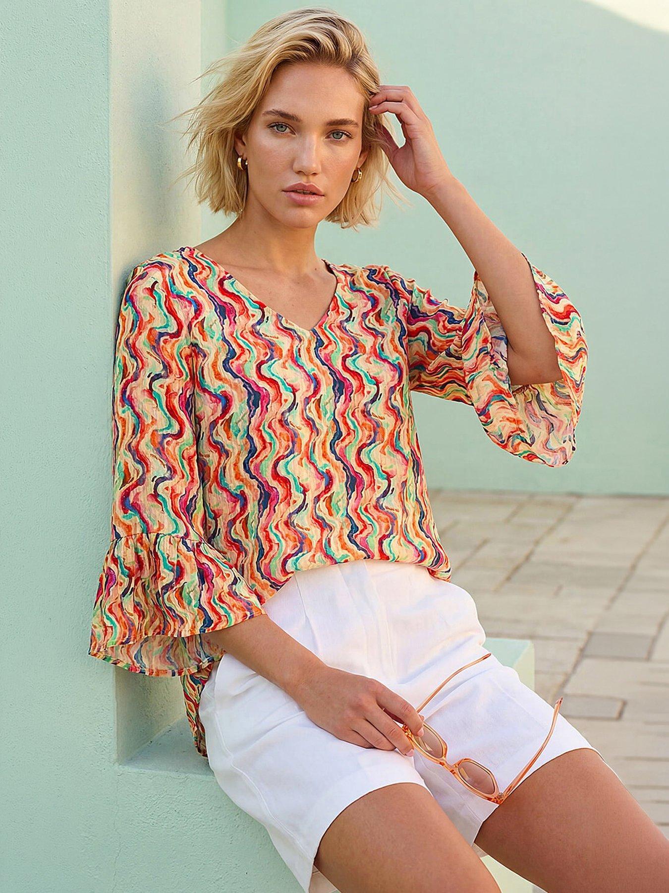 Roman Abstract Wave Print Flared Sleeve Top