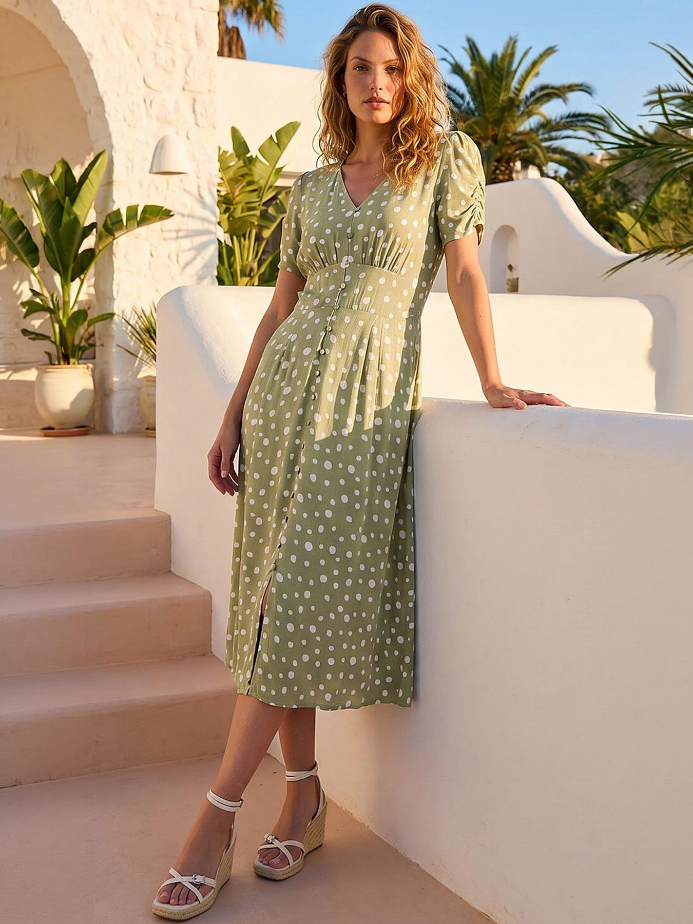 Image 1 of 5 of Roman Polka Dot Ruched Sleeve Midi Dress