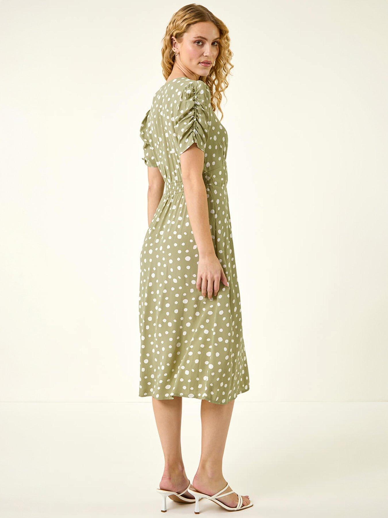 Image 2 of 5 of Roman Polka Dot Ruched Sleeve Midi Dress