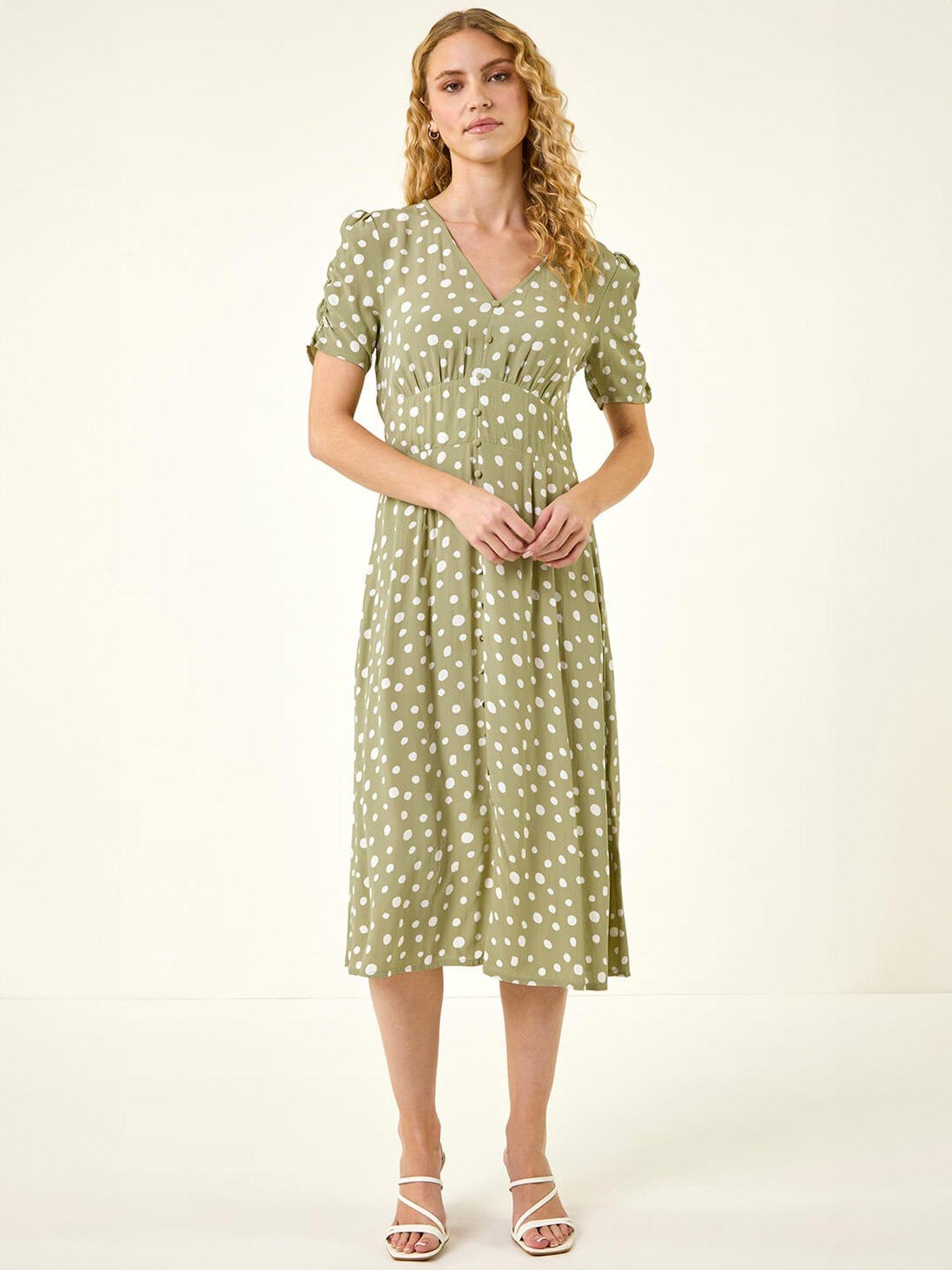 Image 3 of 5 of Roman Polka Dot Ruched Sleeve Midi Dress