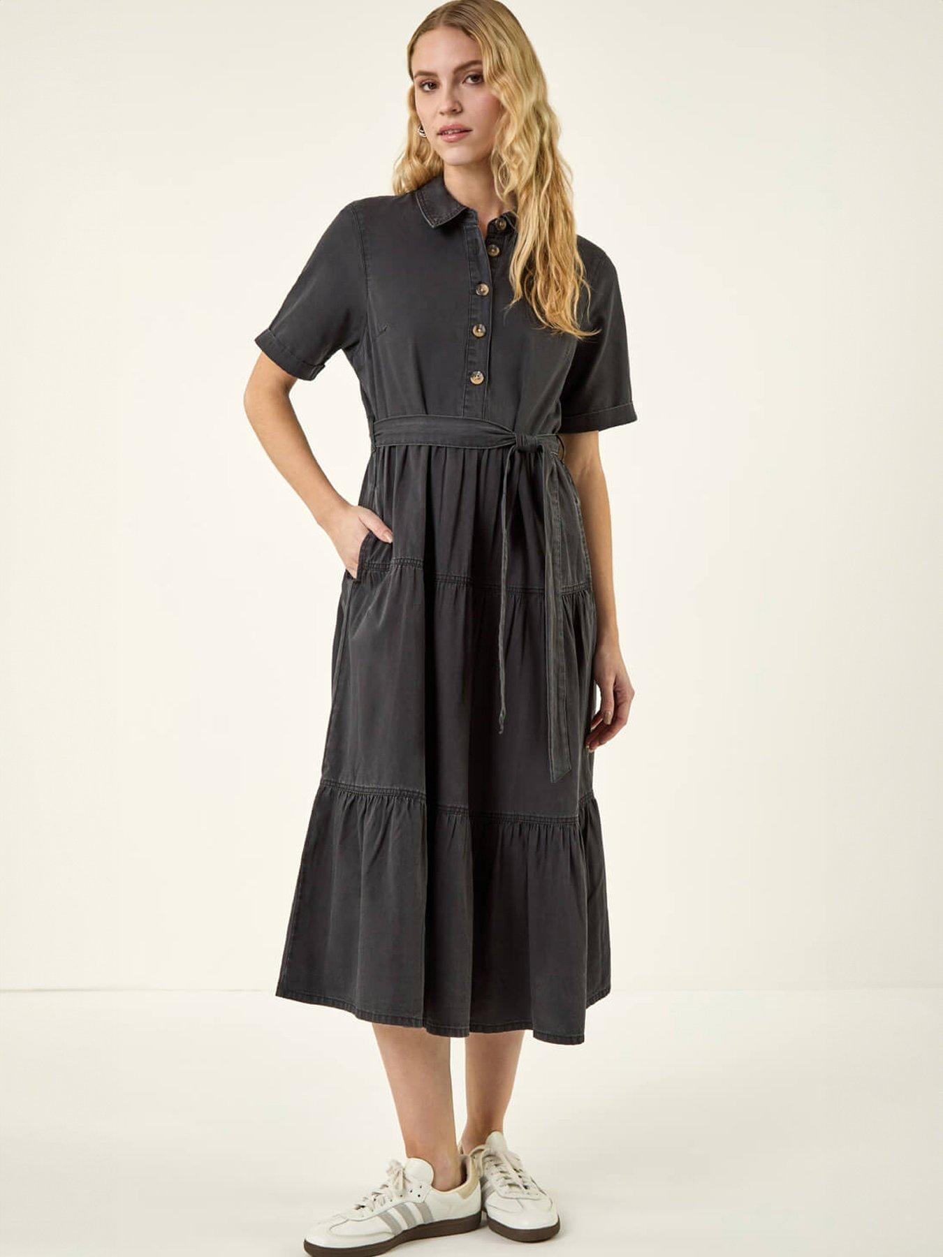 Roman Button Detail Tiered Midi Dress
