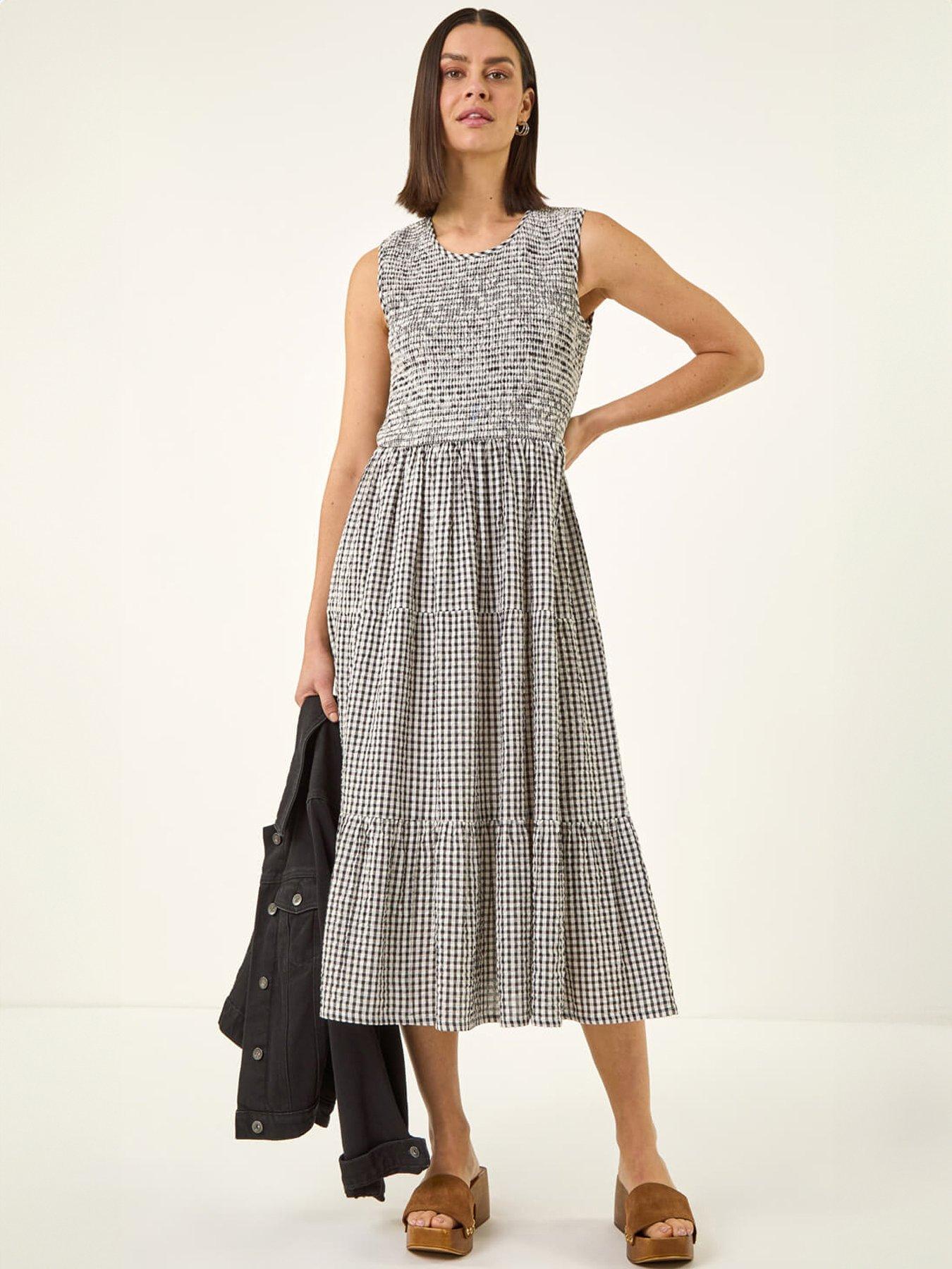 Image 1 of 5 of Roman Gingham Shirred Midi Dress