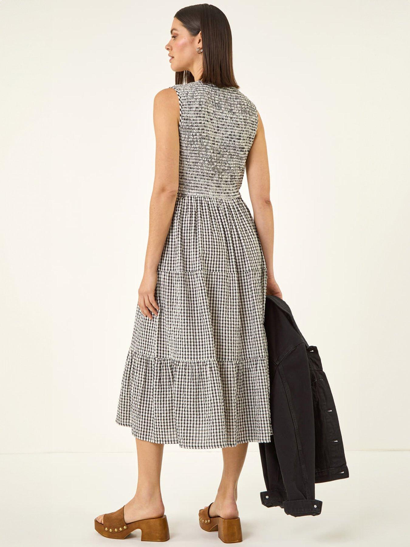 Image 2 of 5 of Roman Gingham Shirred Midi Dress
