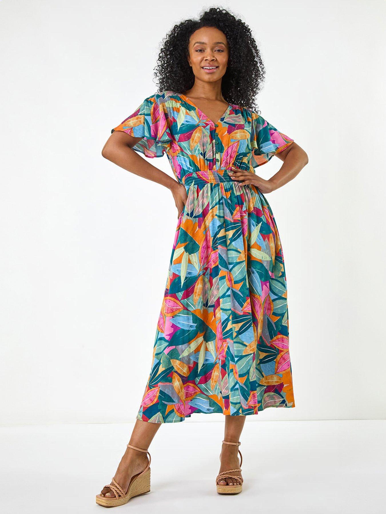 Image 1 of 5 of Roman Petite Leaf Print Shirred Midi Dress