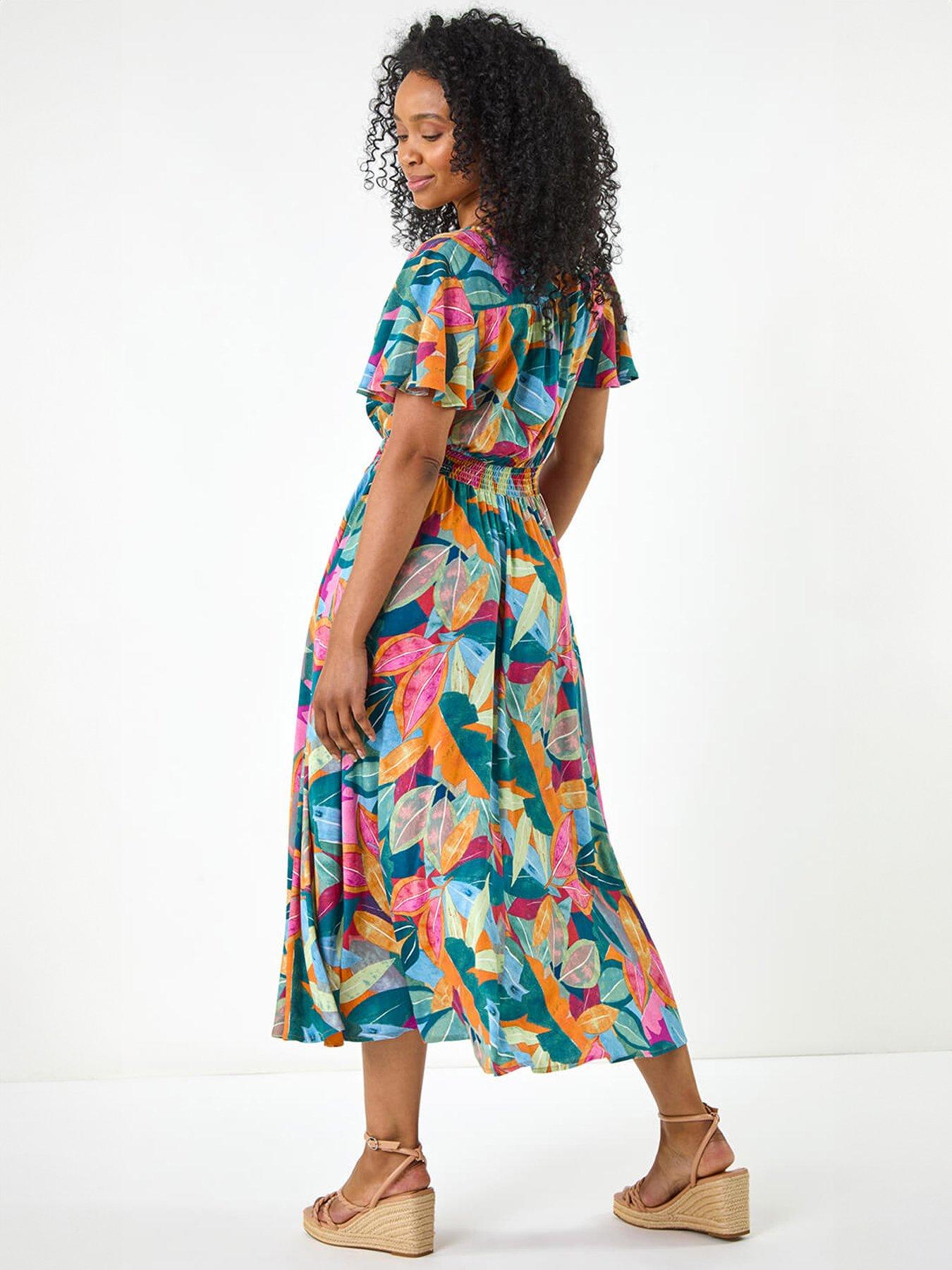Image 2 of 5 of Roman Petite Leaf Print Shirred Midi Dress