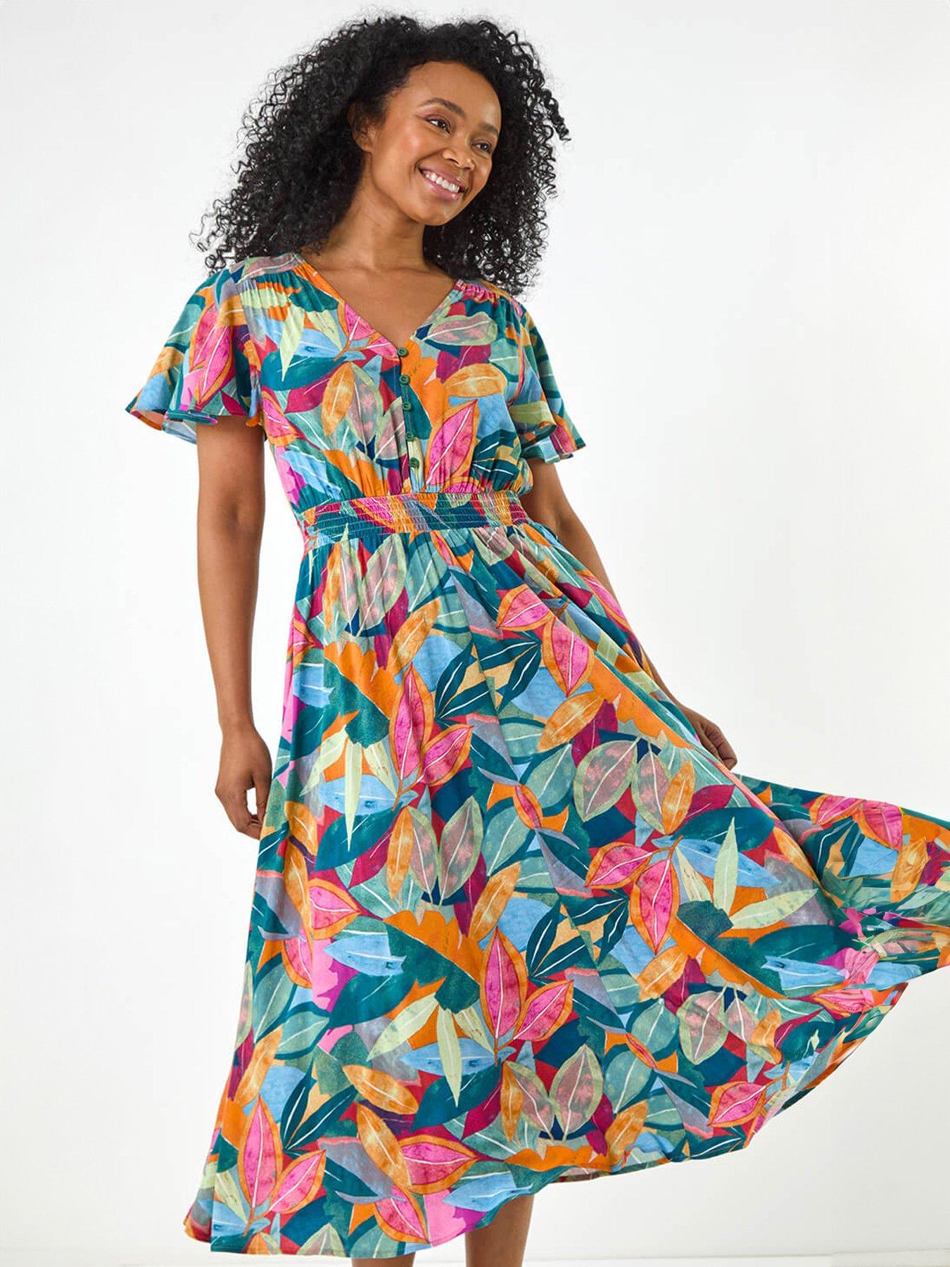Image 3 of 5 of Roman Petite Leaf Print Shirred Midi Dress