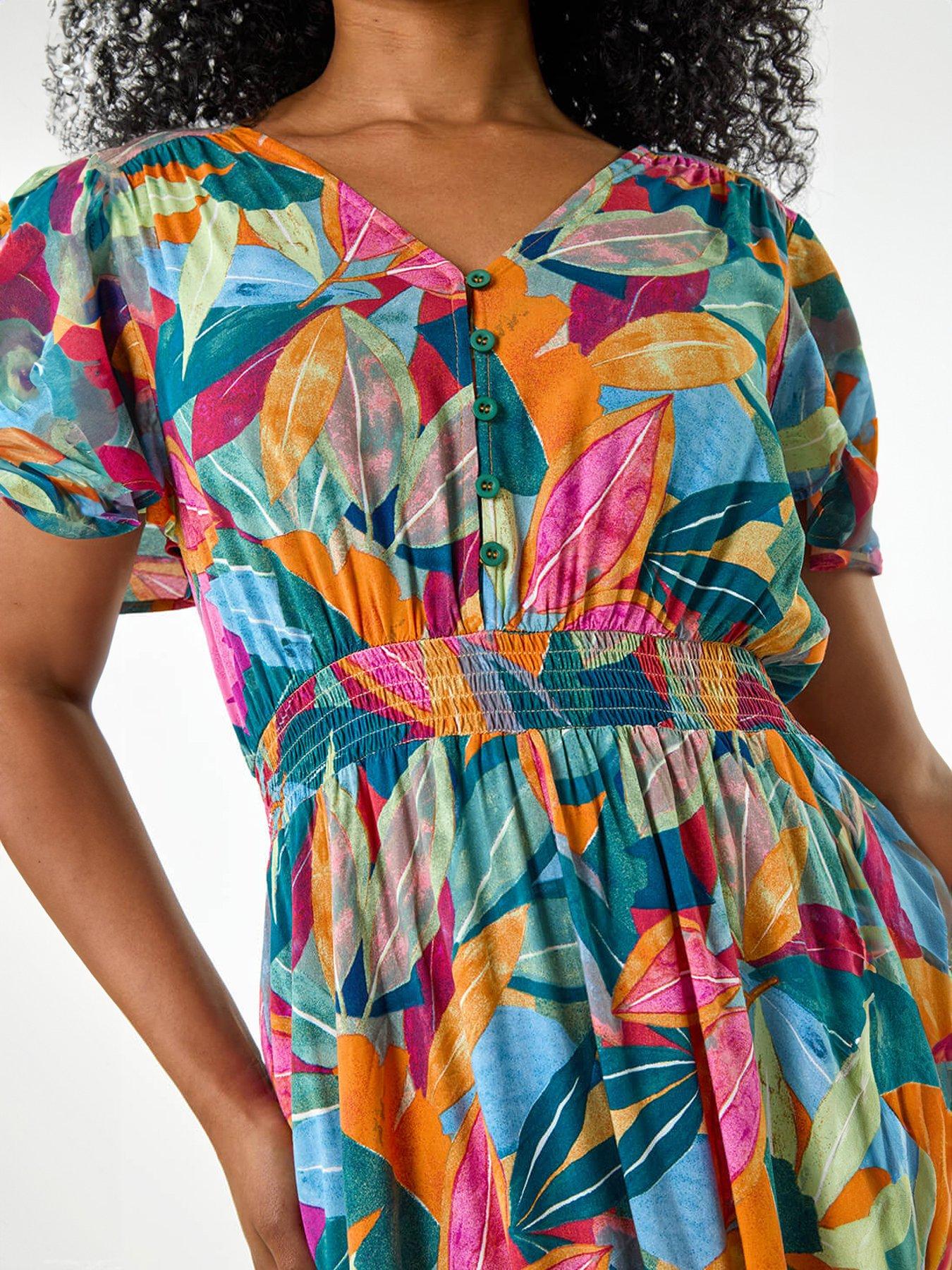 Image 5 of 5 of Roman Petite Leaf Print Shirred Midi Dress