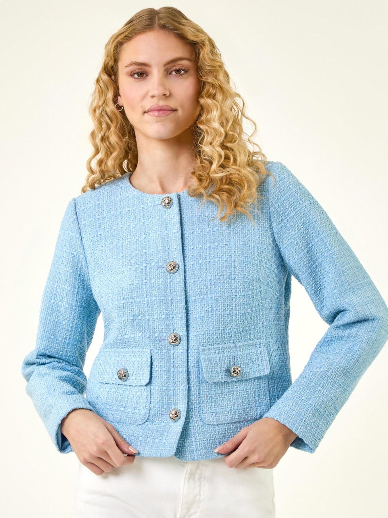 Roman Collarless Buttoned Boucle Jacket