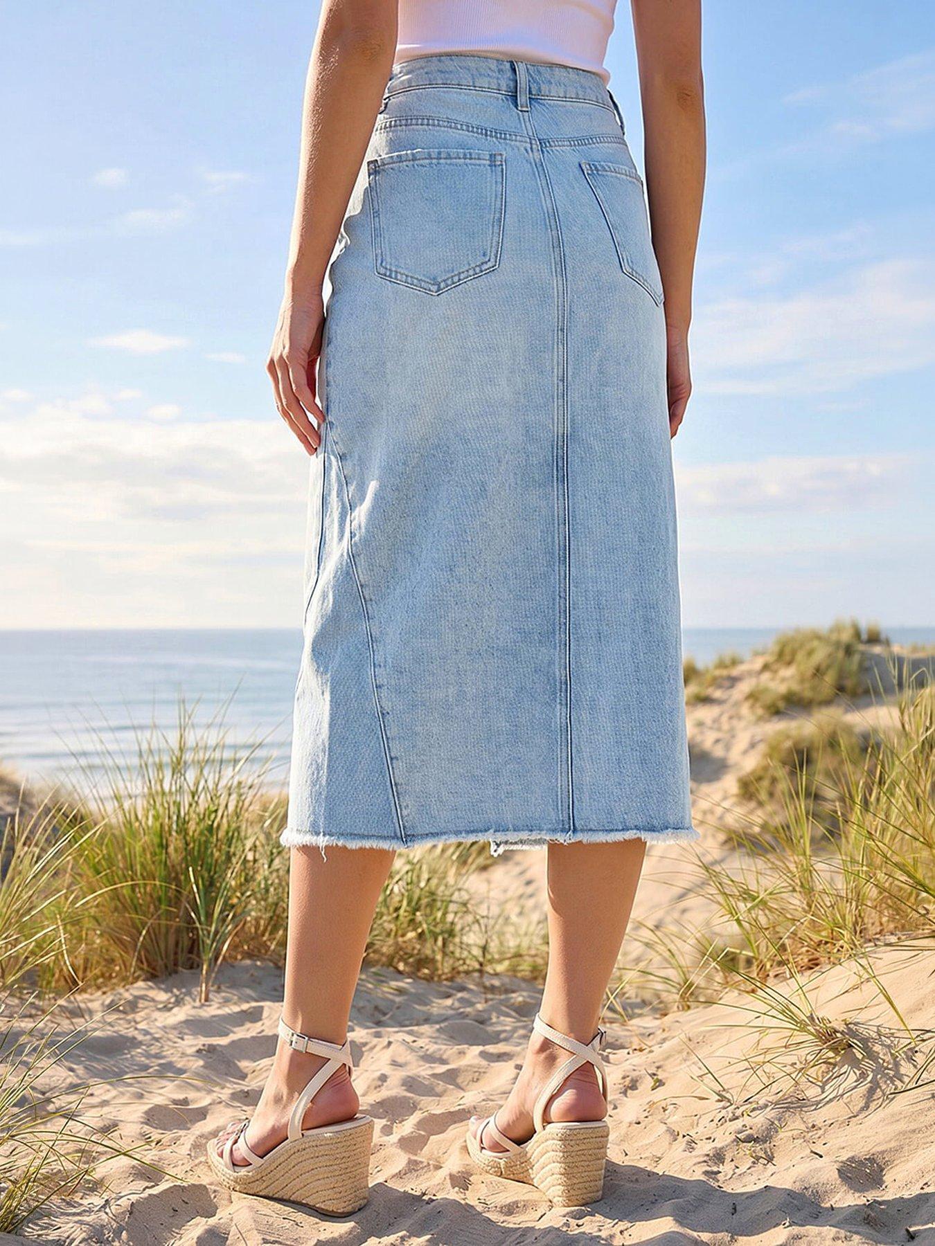 Image 2 of 5 of Roman Light Wash Midi Skirt - Blue