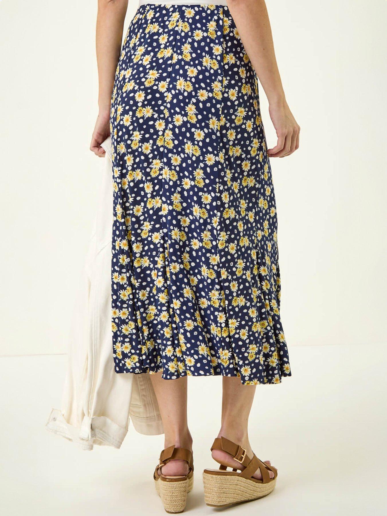 Image 2 of 5 of Roman Daisy Print A-Line Stretch Skirt - Blue