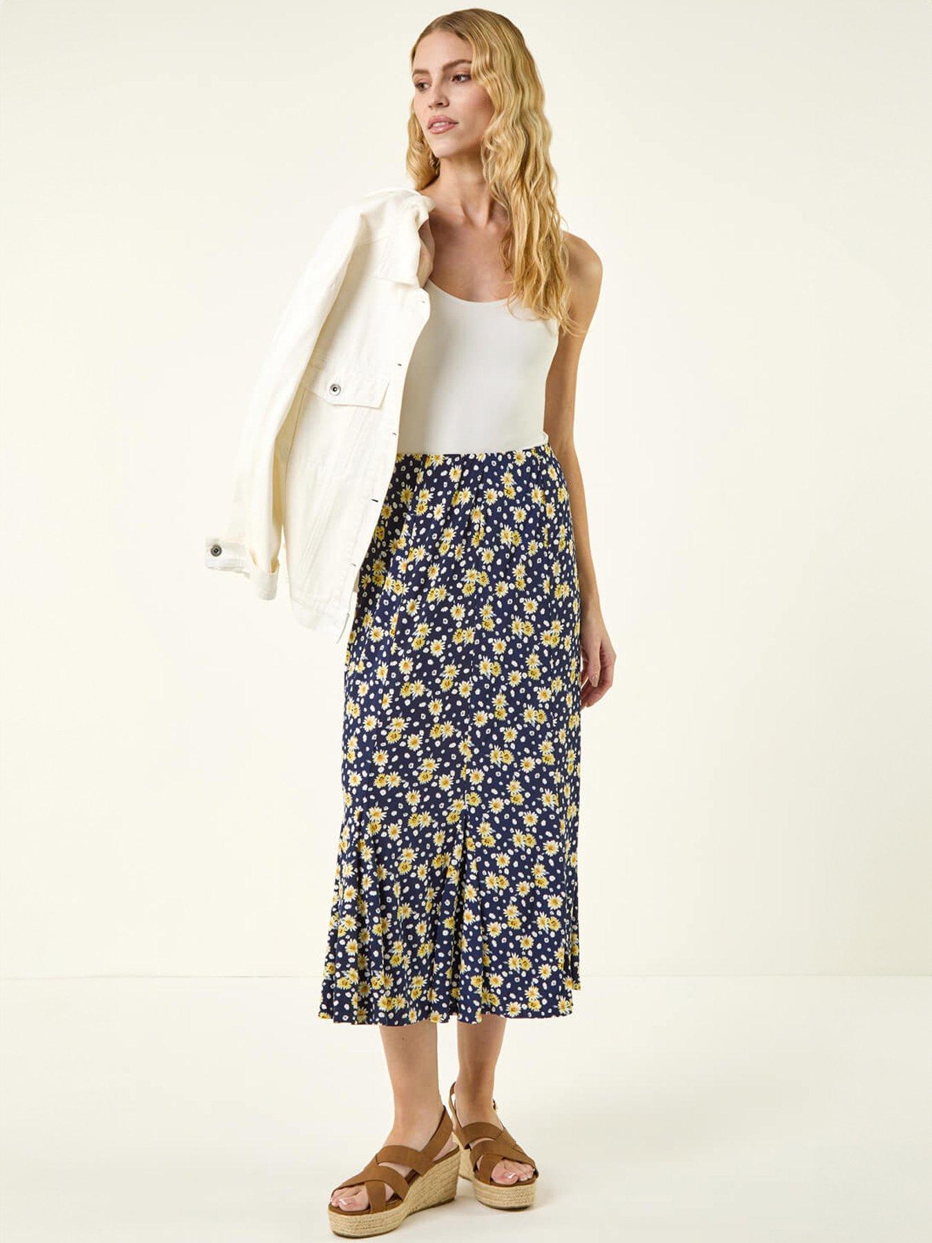 Image 3 of 5 of Roman Daisy Print A-Line Stretch Skirt - Blue