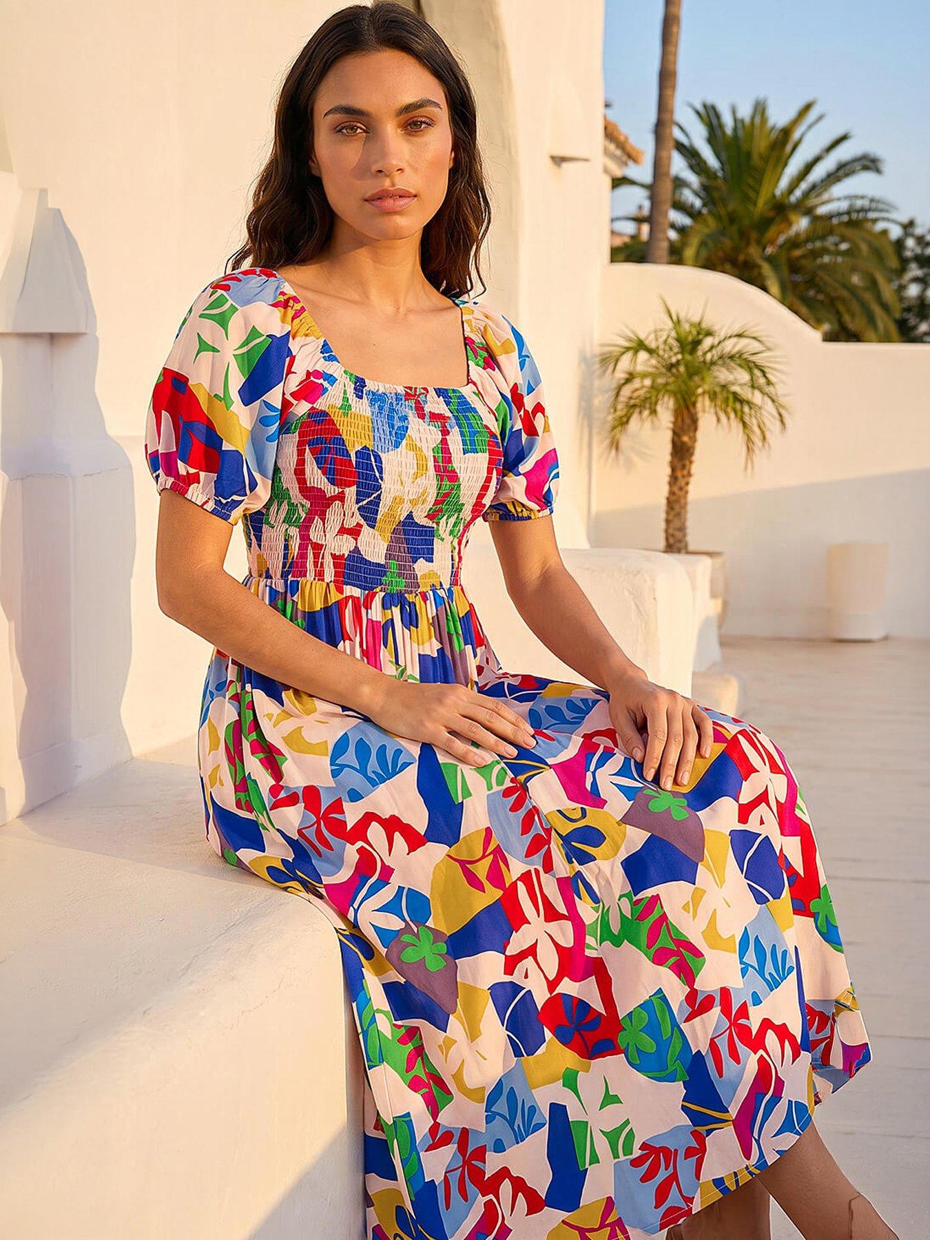 Roman Abstract Print Shirred Midi Dress
