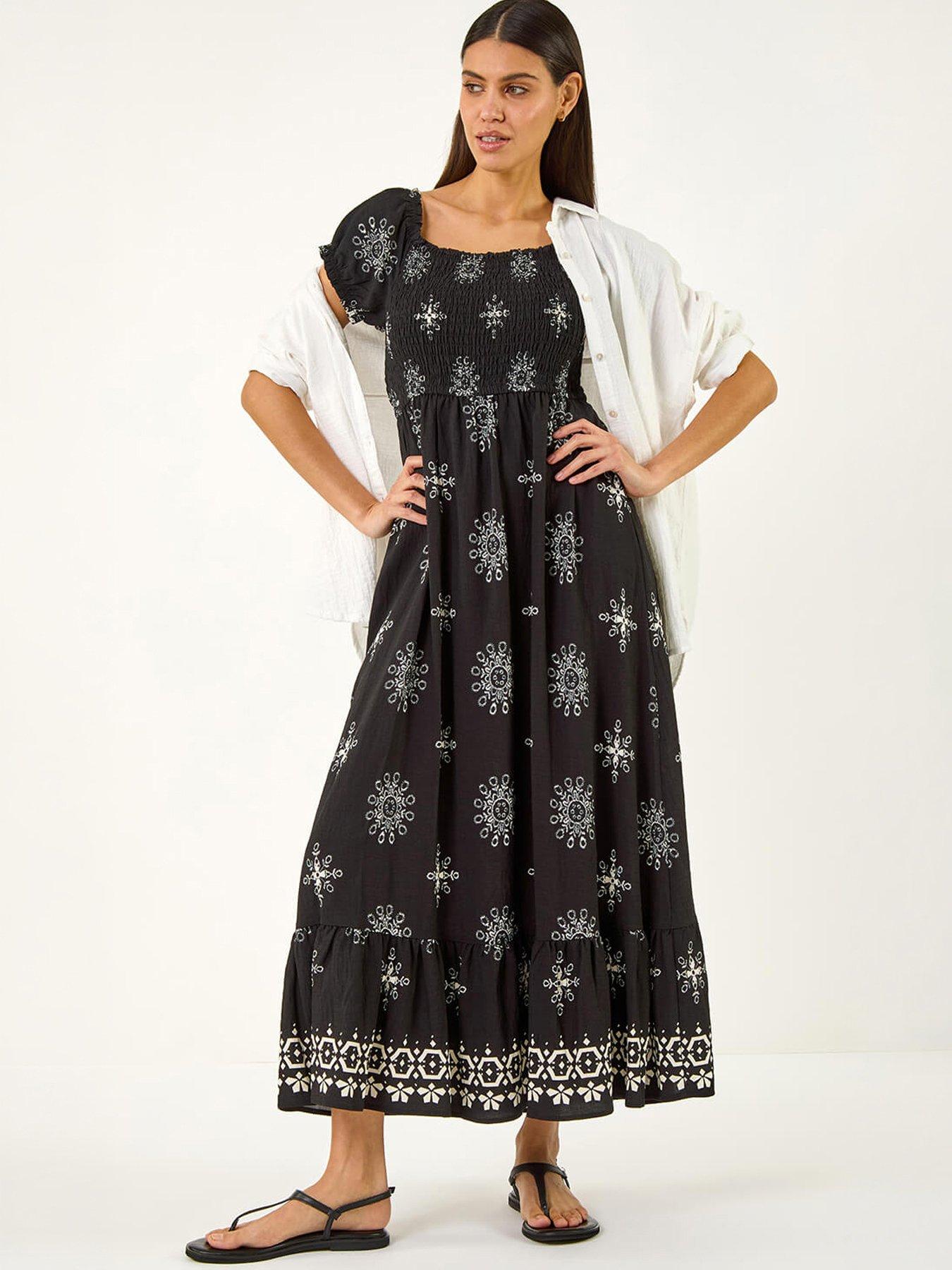 Roman Borderie Shirred Maxi Dress
