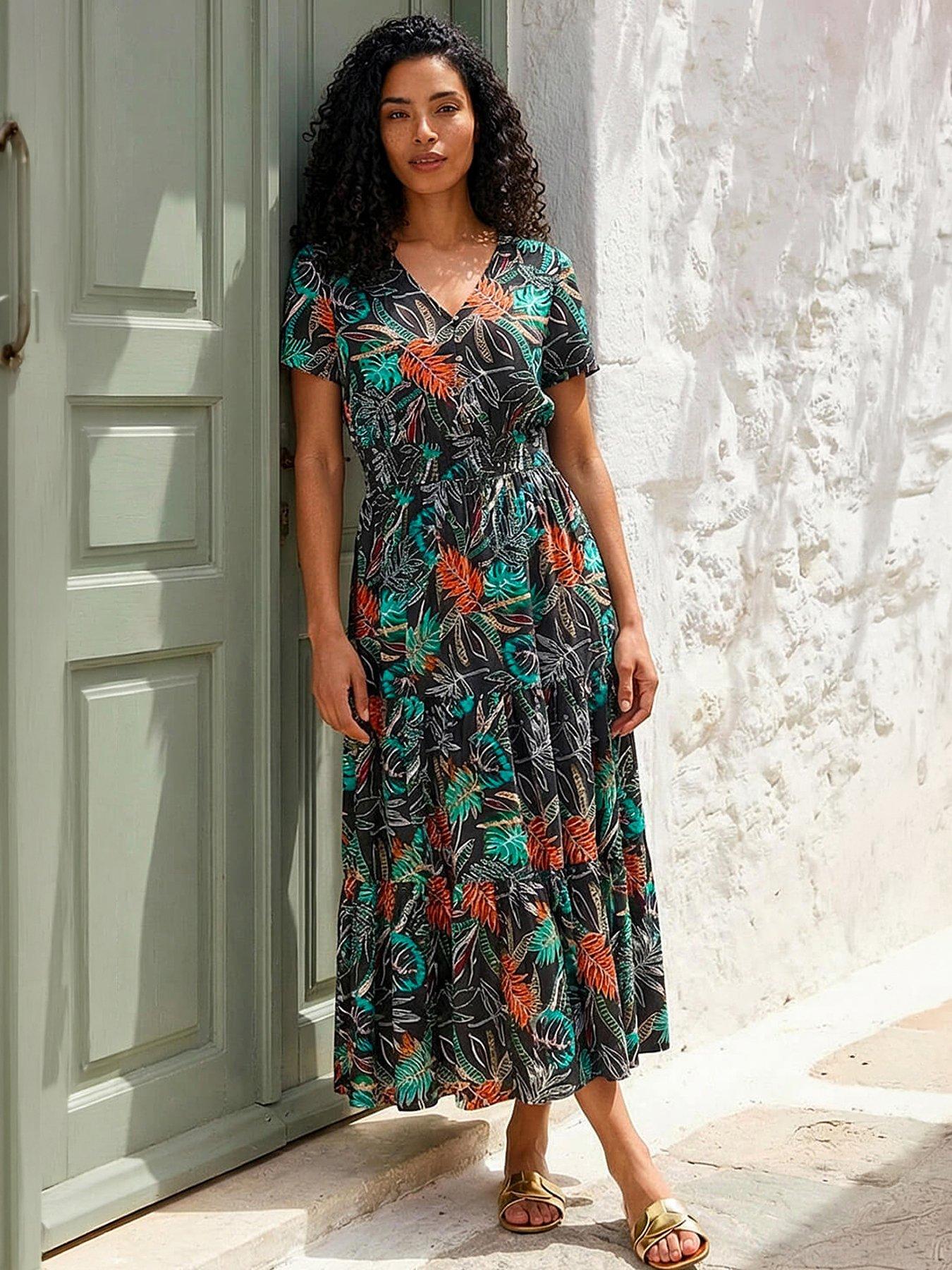 Roman Leaf Print V-Neck Tiered Midi Dress