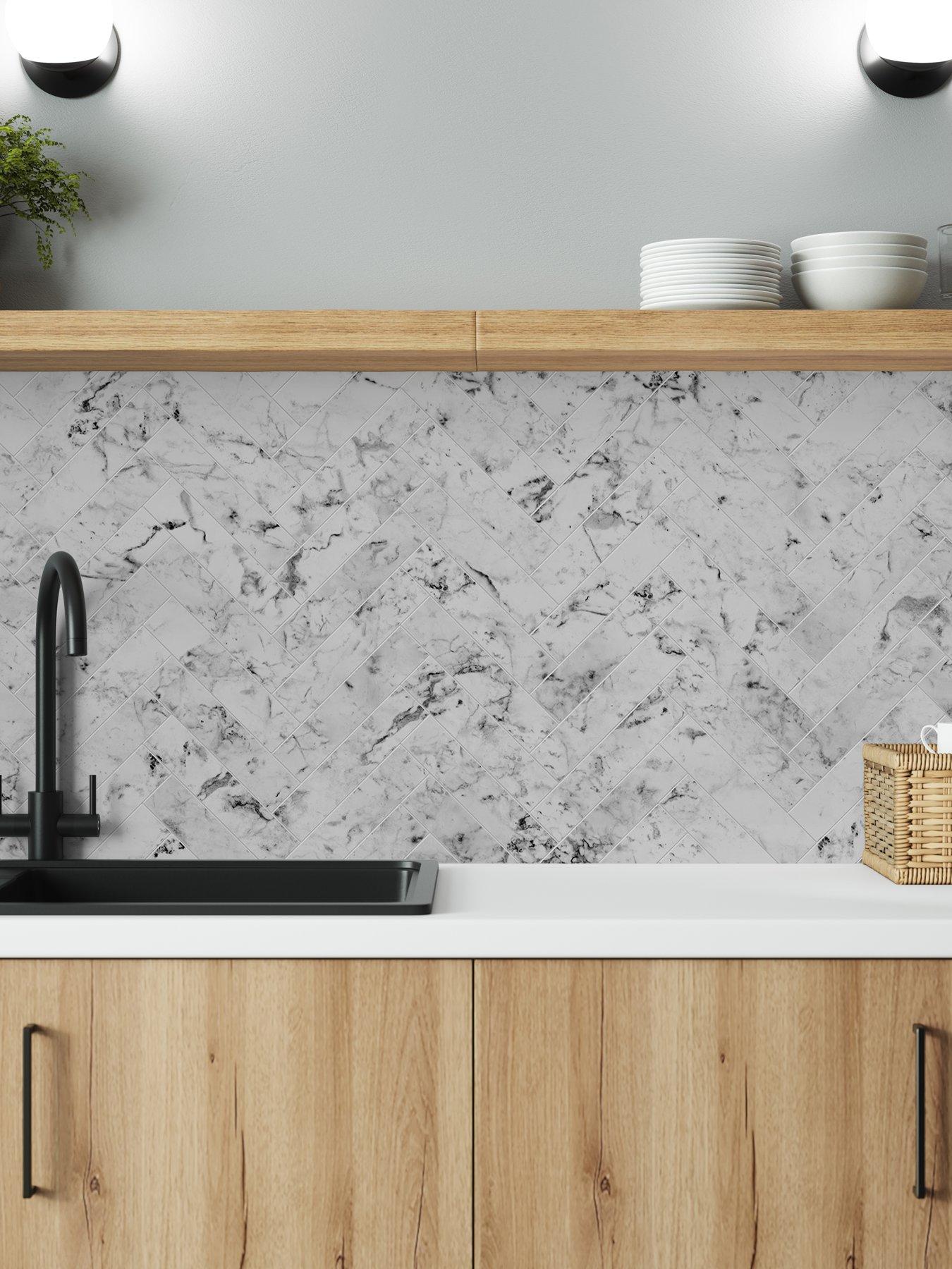WilsonArt ALLOY Carrara Marble Herringbone Kitchen Splashback - 3000x750mmx4mm