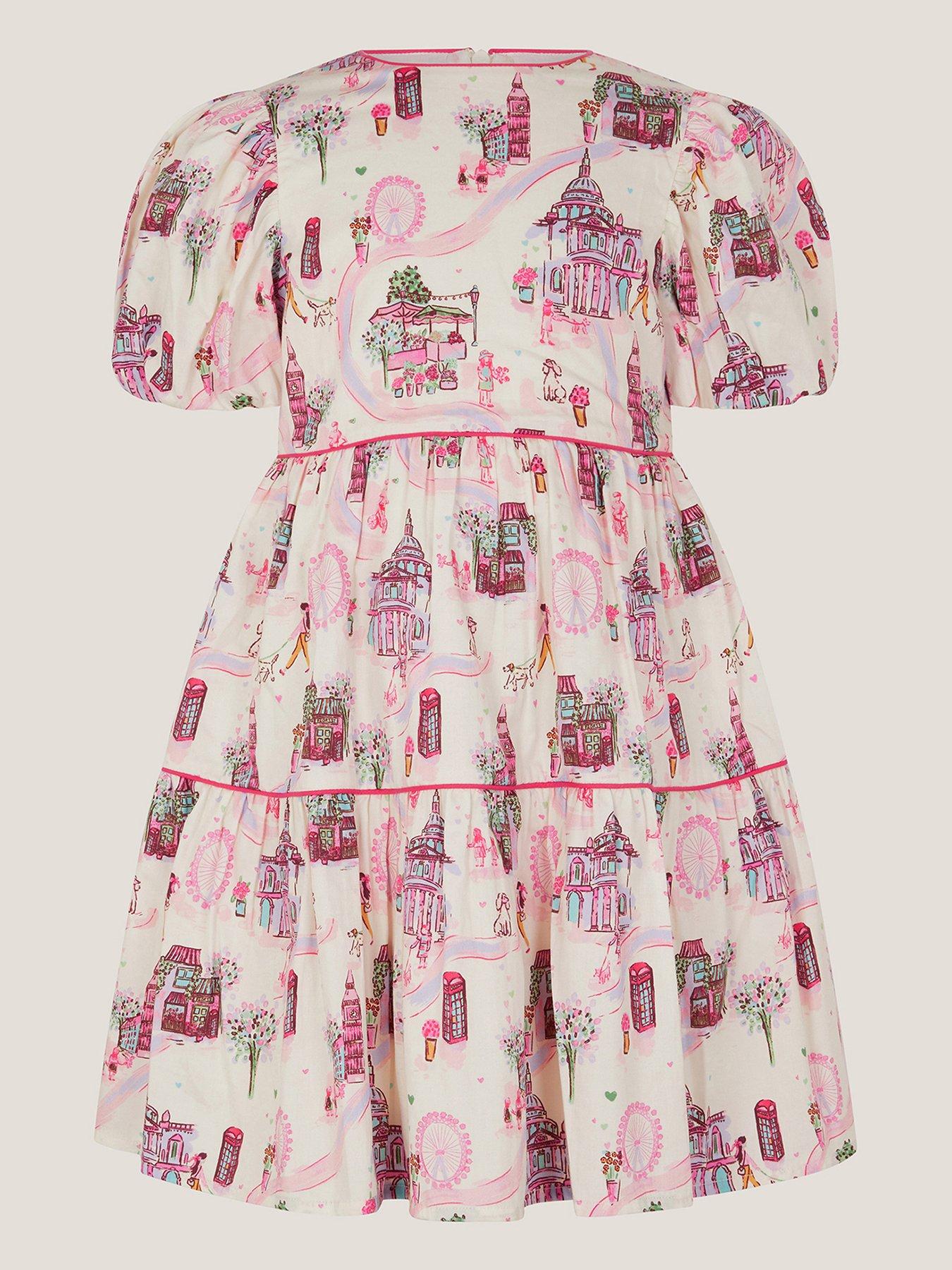 Monsoon Girls London Print Dress - Light Cream
