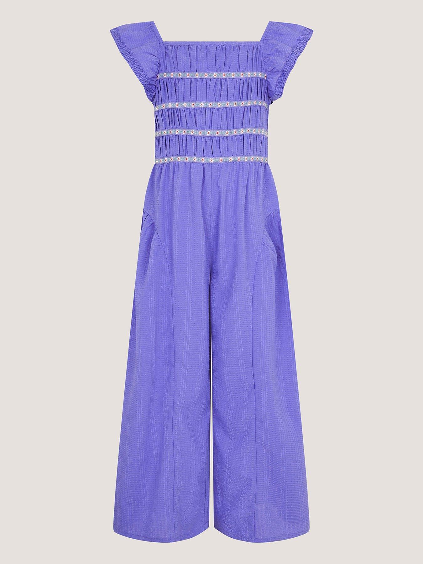 Image 1 of 3 of Monsoon Girls Textured Shirred Jumpsuit - Blue