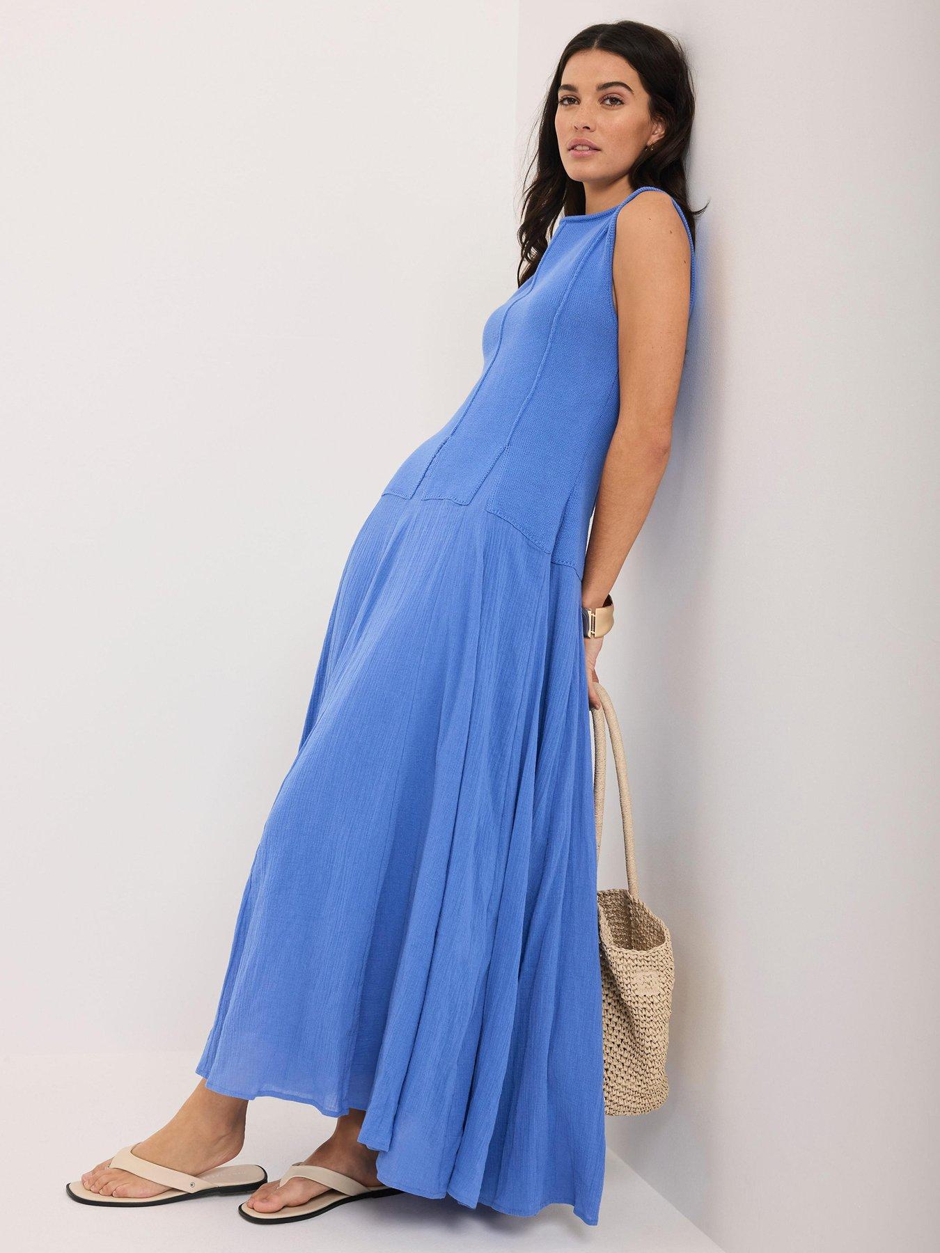 Image 1 of 6 of Mint Velvet Woven Mix Knit Dress - Blue
