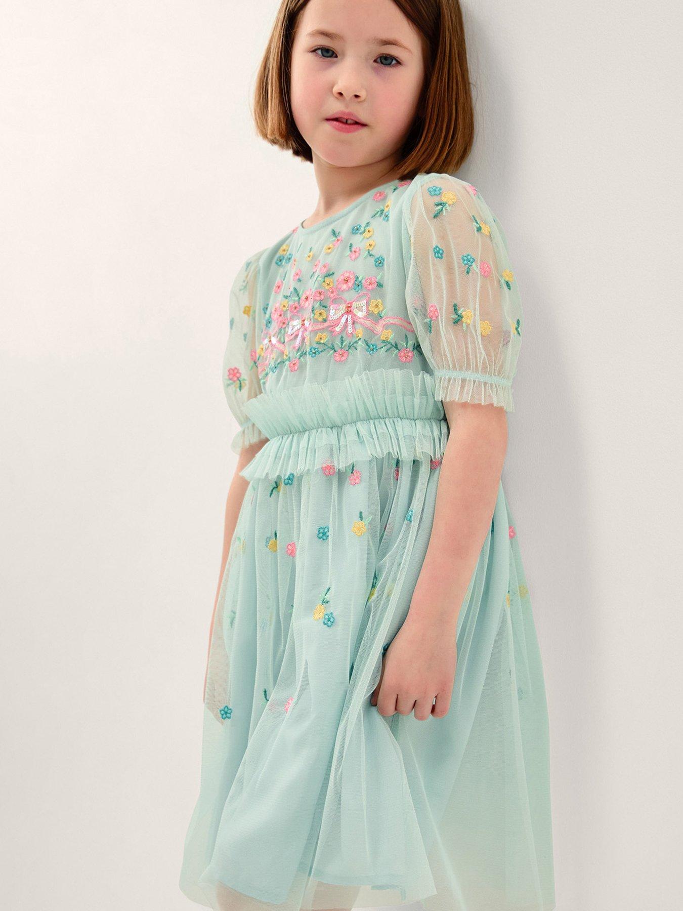 Monsoon Girls Bow Embellished Mesh Dress - Blue