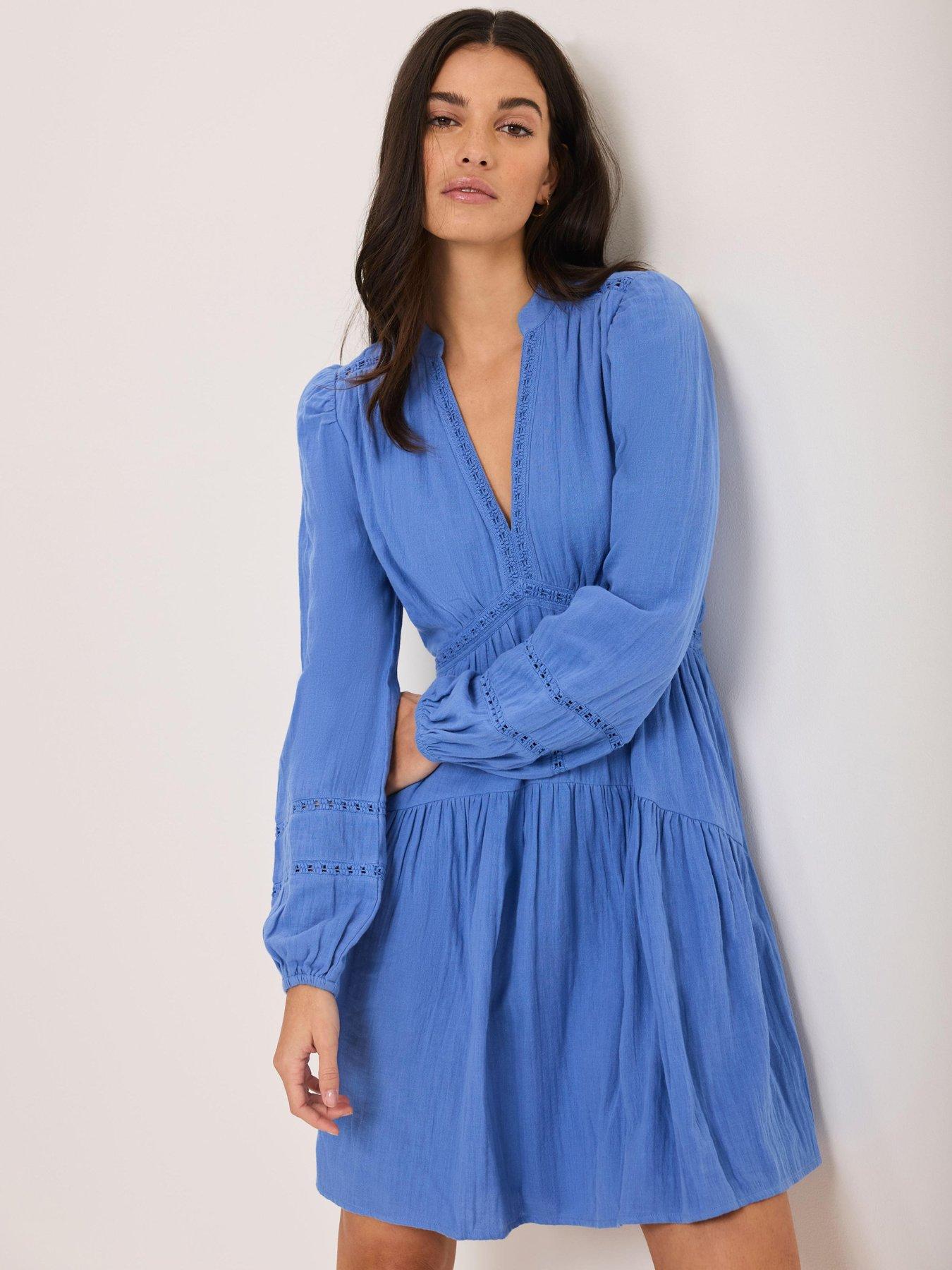Image 1 of 6 of Mint Velvet Cotton Gauze Mini Dress - Blue