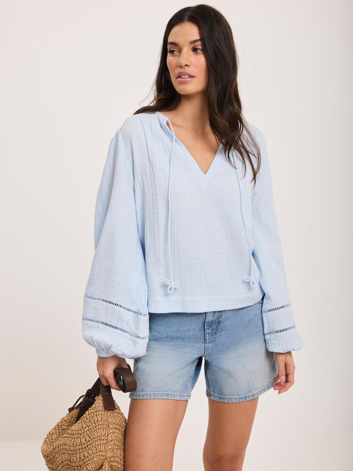 Image 1 of 6 of Mint Velvet Cotton Open Stitch Blouse - Blue