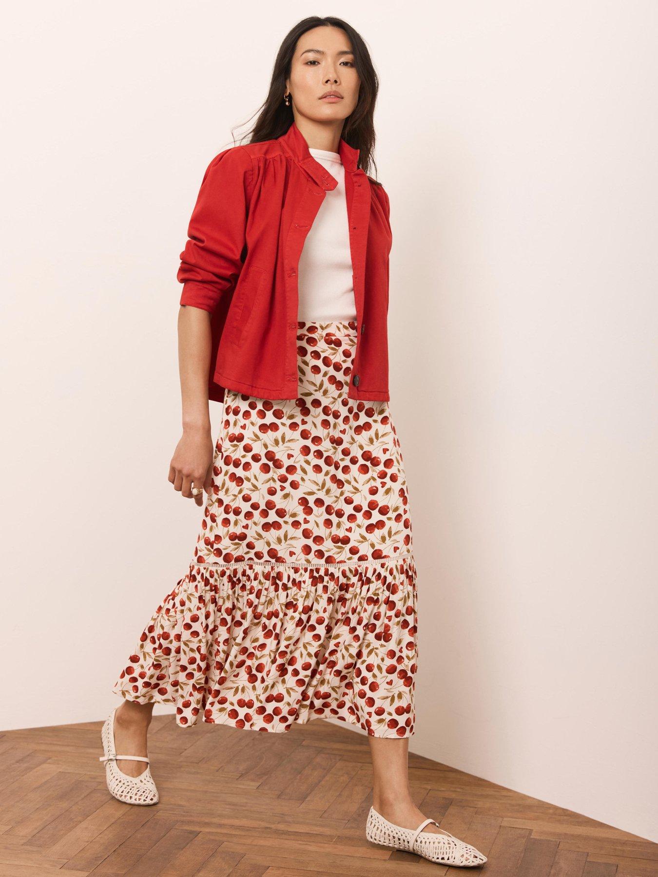 Image 1 of 6 of Mint Velvet Cherry Print Hem Skirt - Red